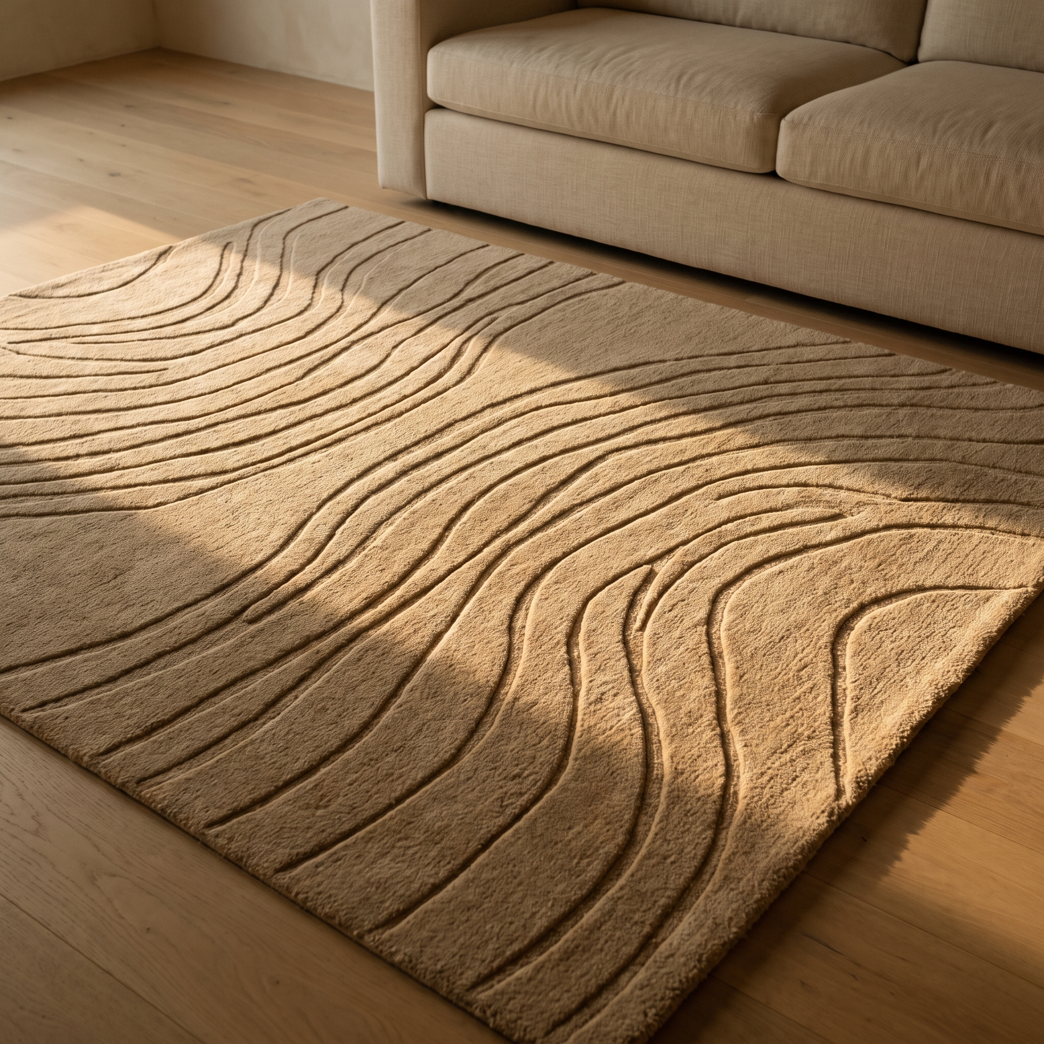 Alfombra beige con relieve de líneas curvas en un salón
