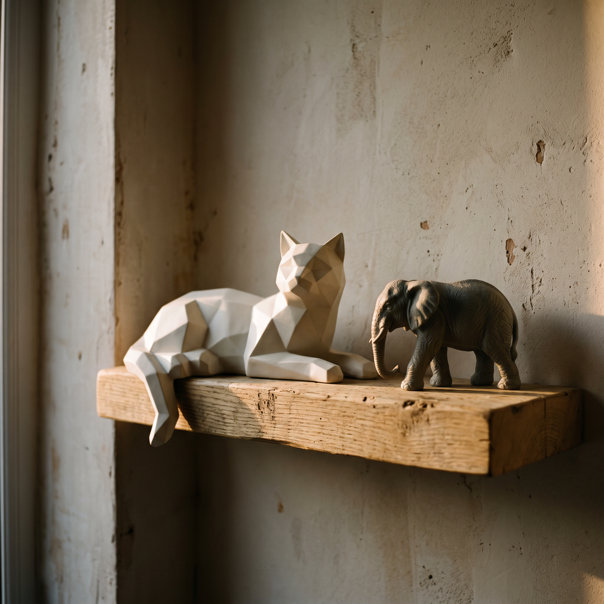 Figuras decorativas de resina en una balda de madera