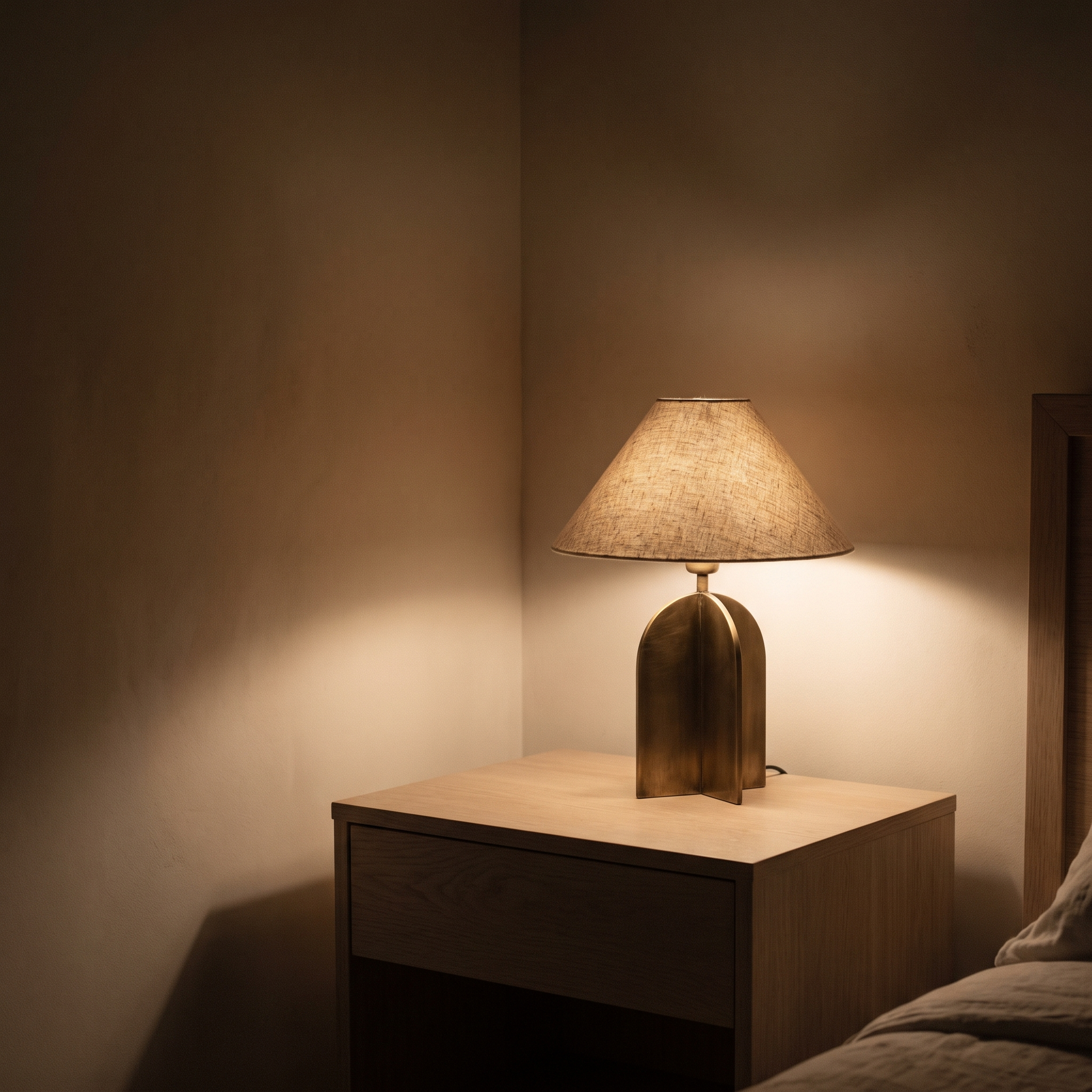 Lámpara de sobremesa encendida en una mesita de noche al anochecer