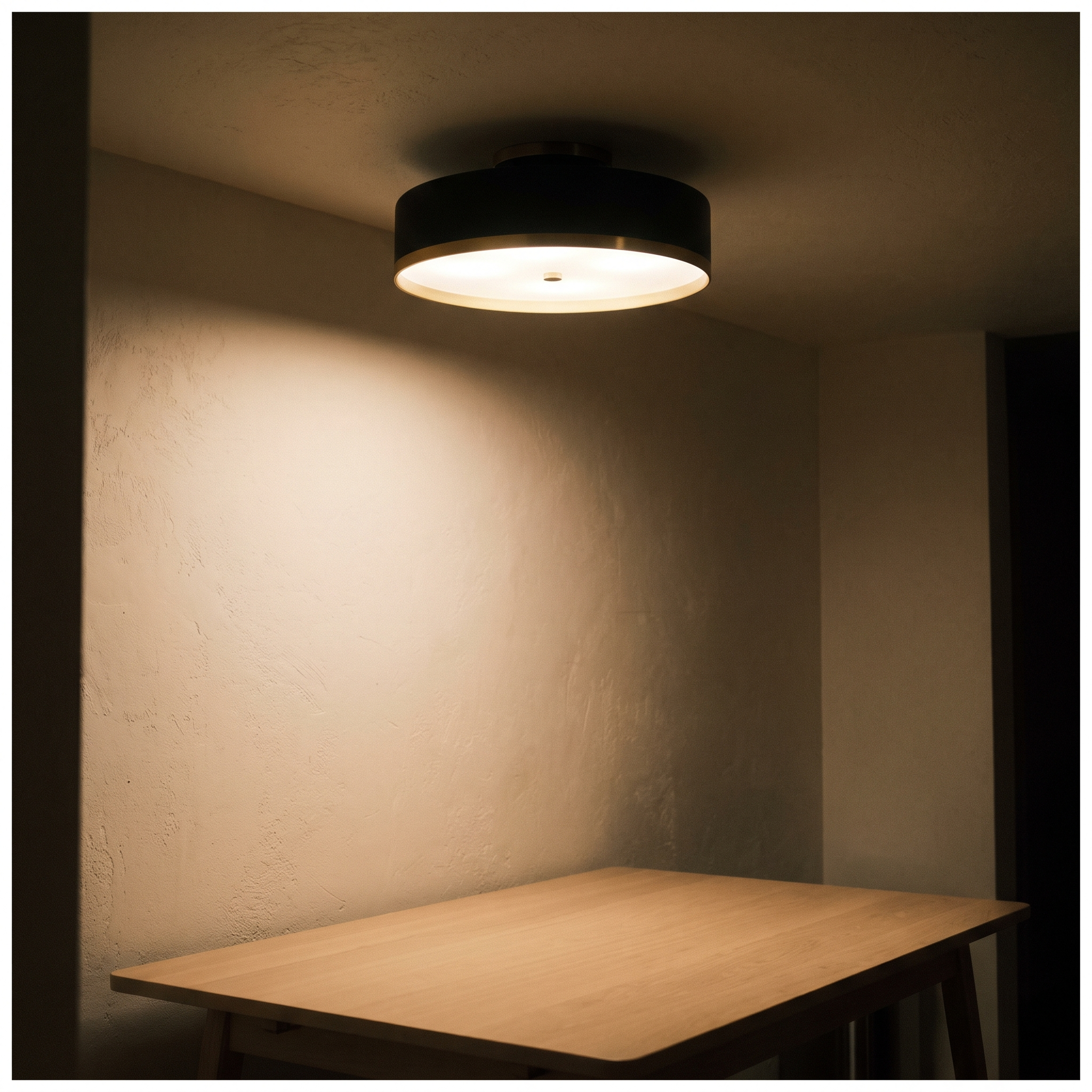 Plafón de techo encendido sobre una mesa de comedor de roble