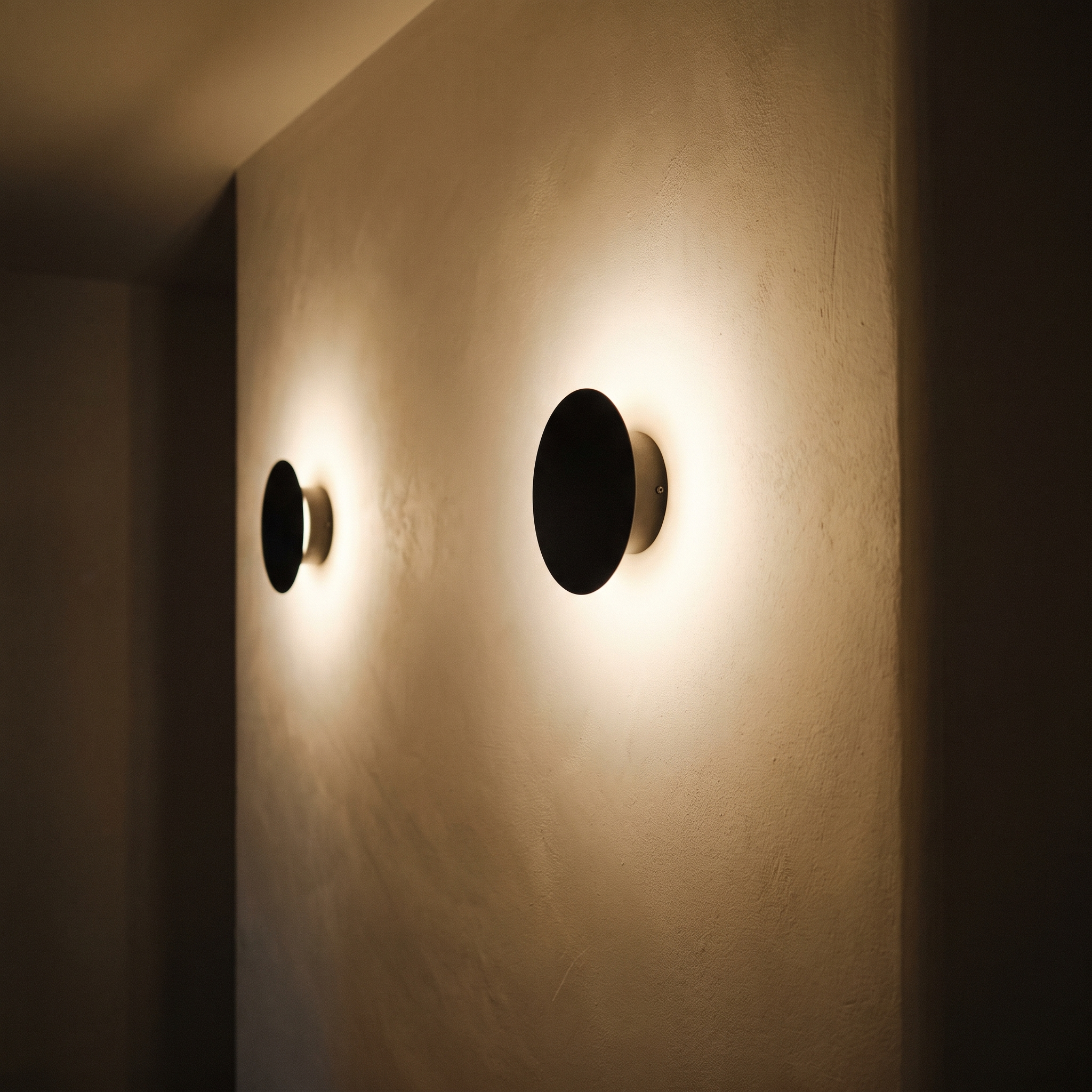 Dos apliques de pared redondos iluminando un pasillo