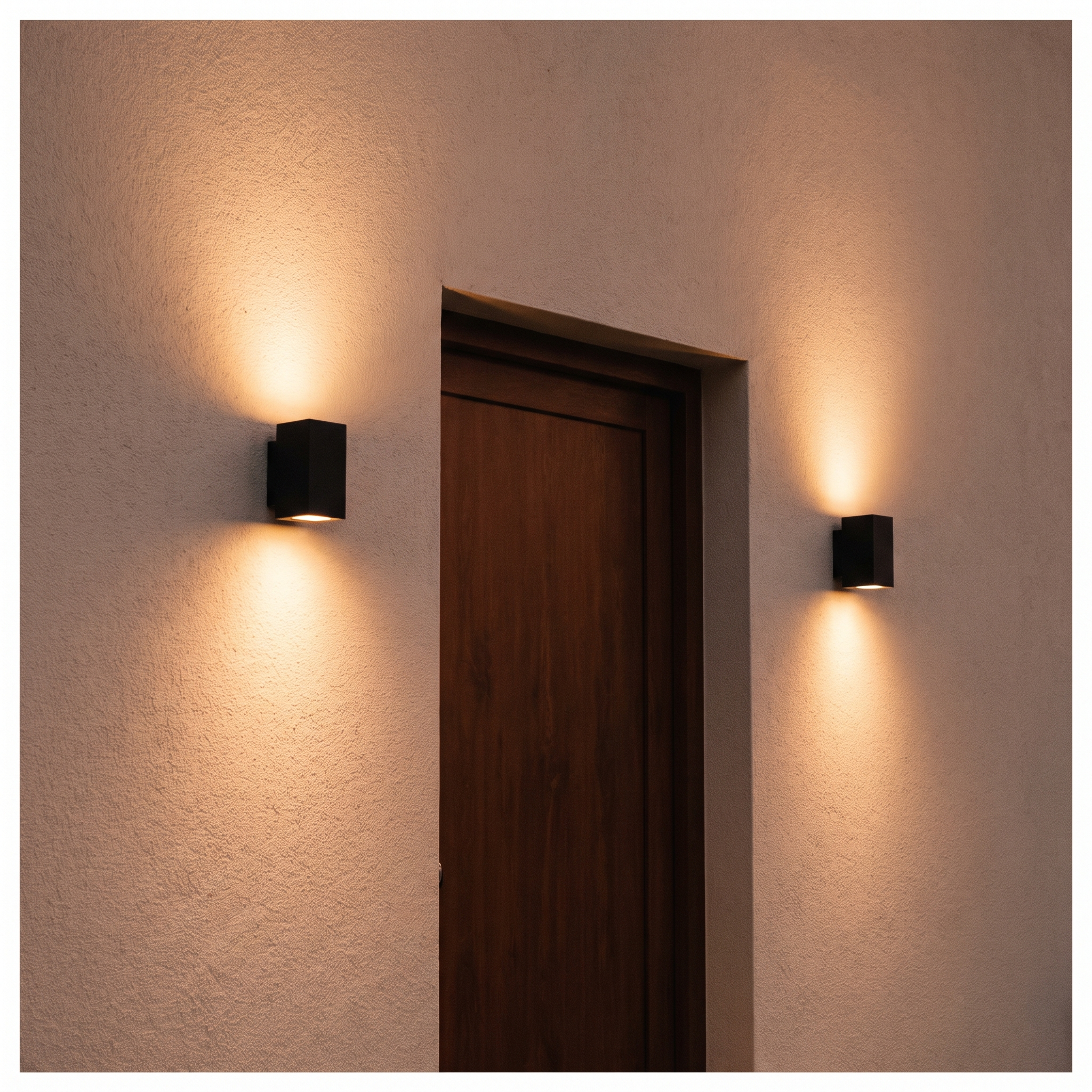 Apliques de exterior iluminando la fachada junto a la puerta de entrada