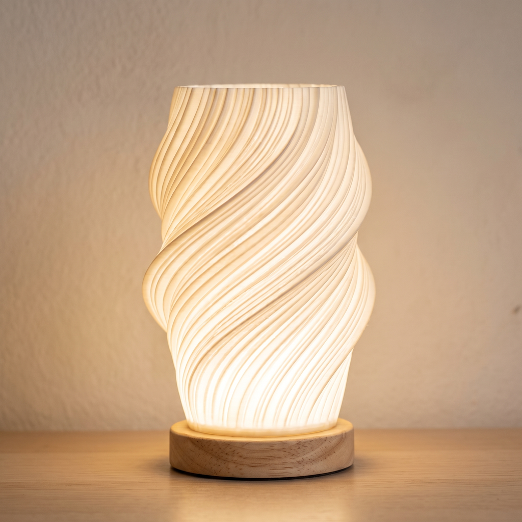 Lámpara de mesa Vela con pantalla en espiral y base de madera natural, encendida