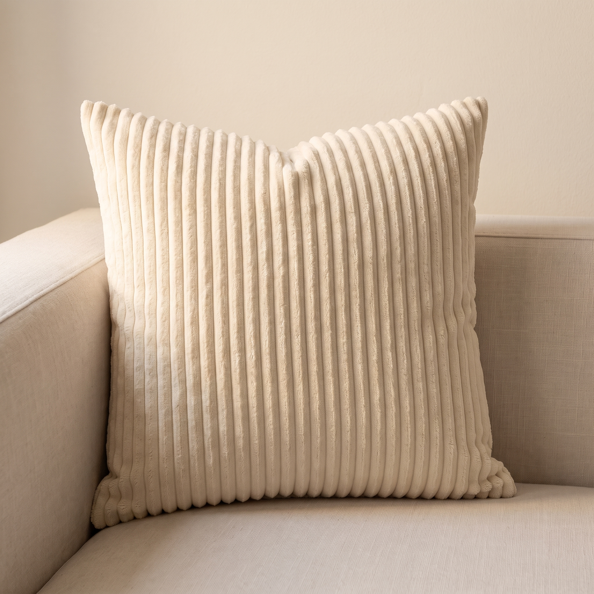 Funda de cojín de pana suave crema 45x45 en sofá de lino claro