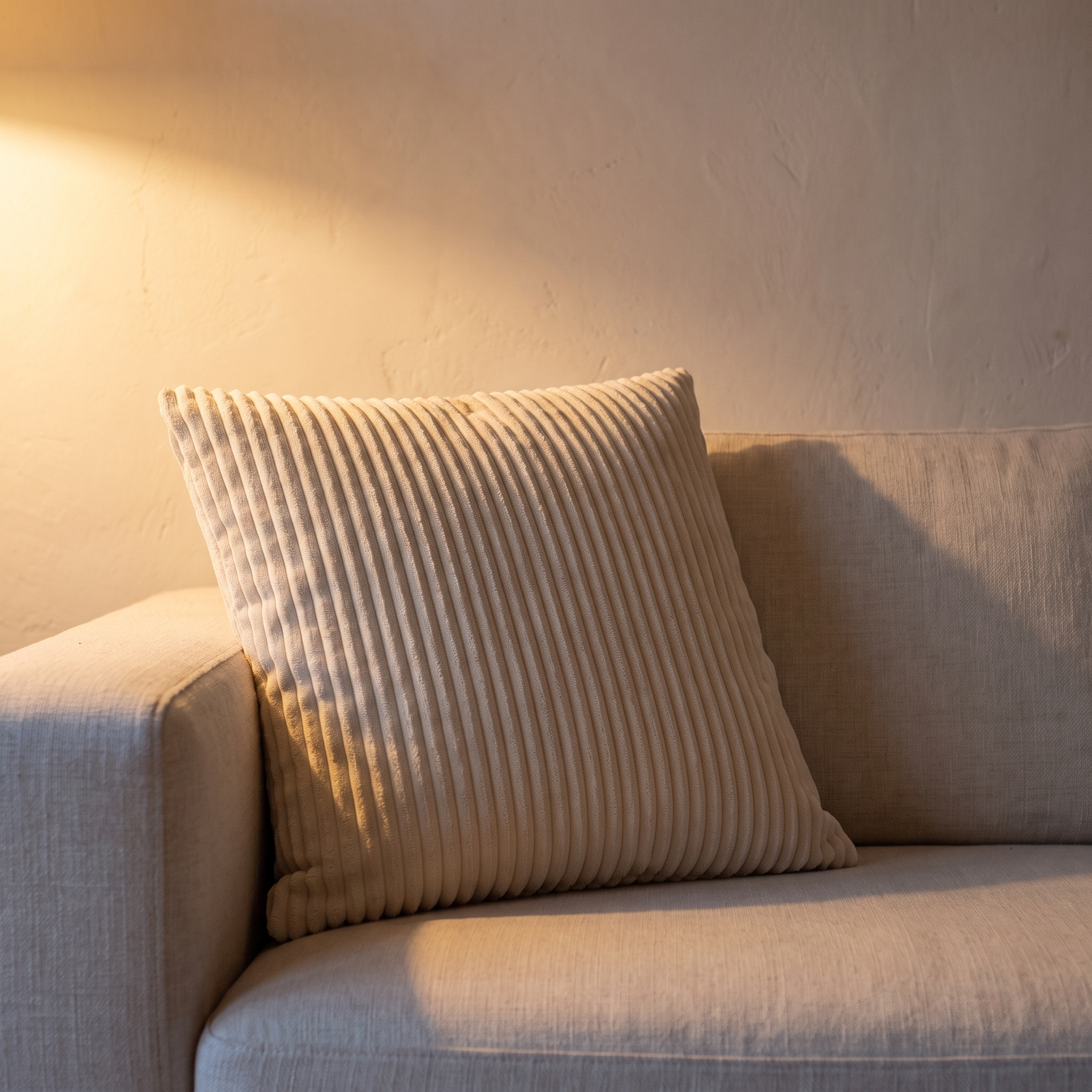 Cojín de pana crema en ambiente de salón con luz cálida