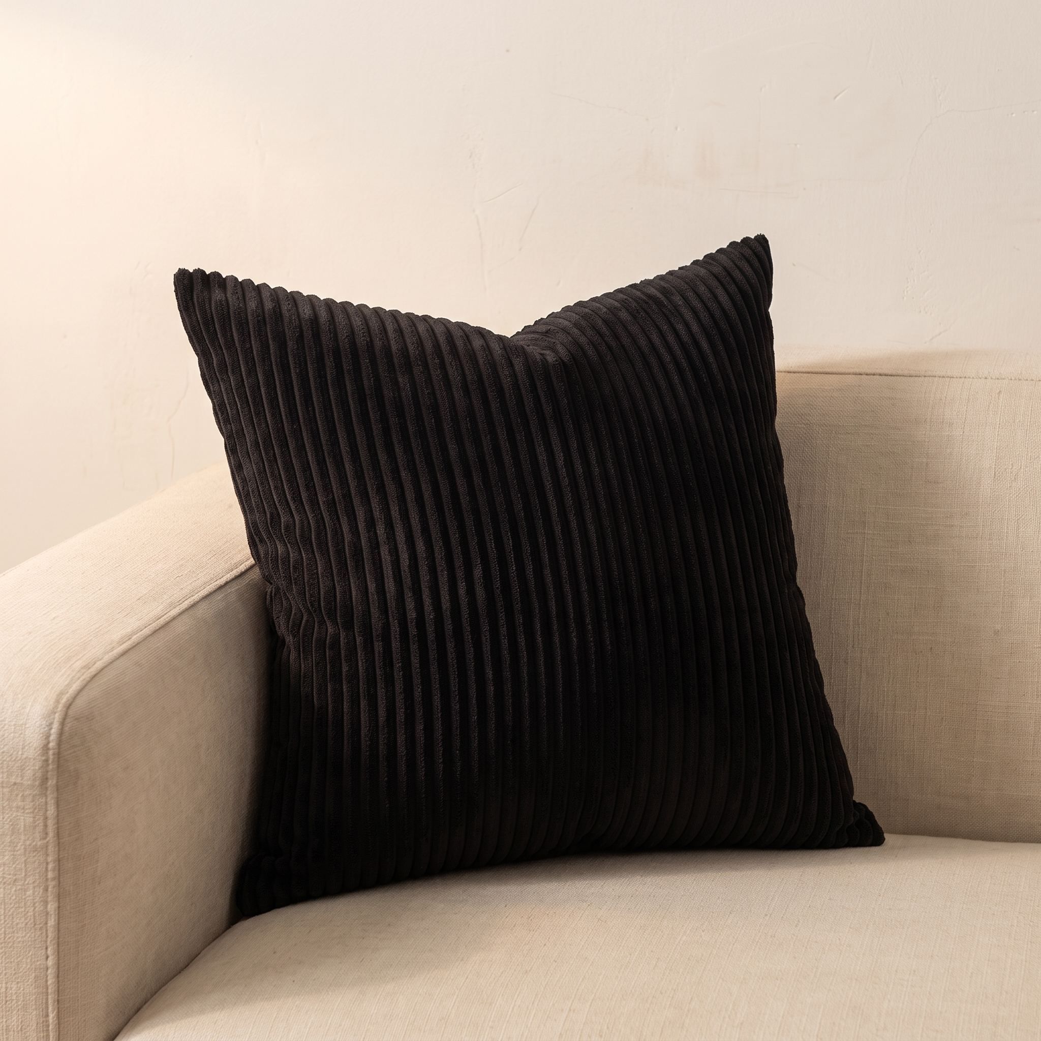 Funda de cojín de pana suave negra 45x45 en sofá de lino claro