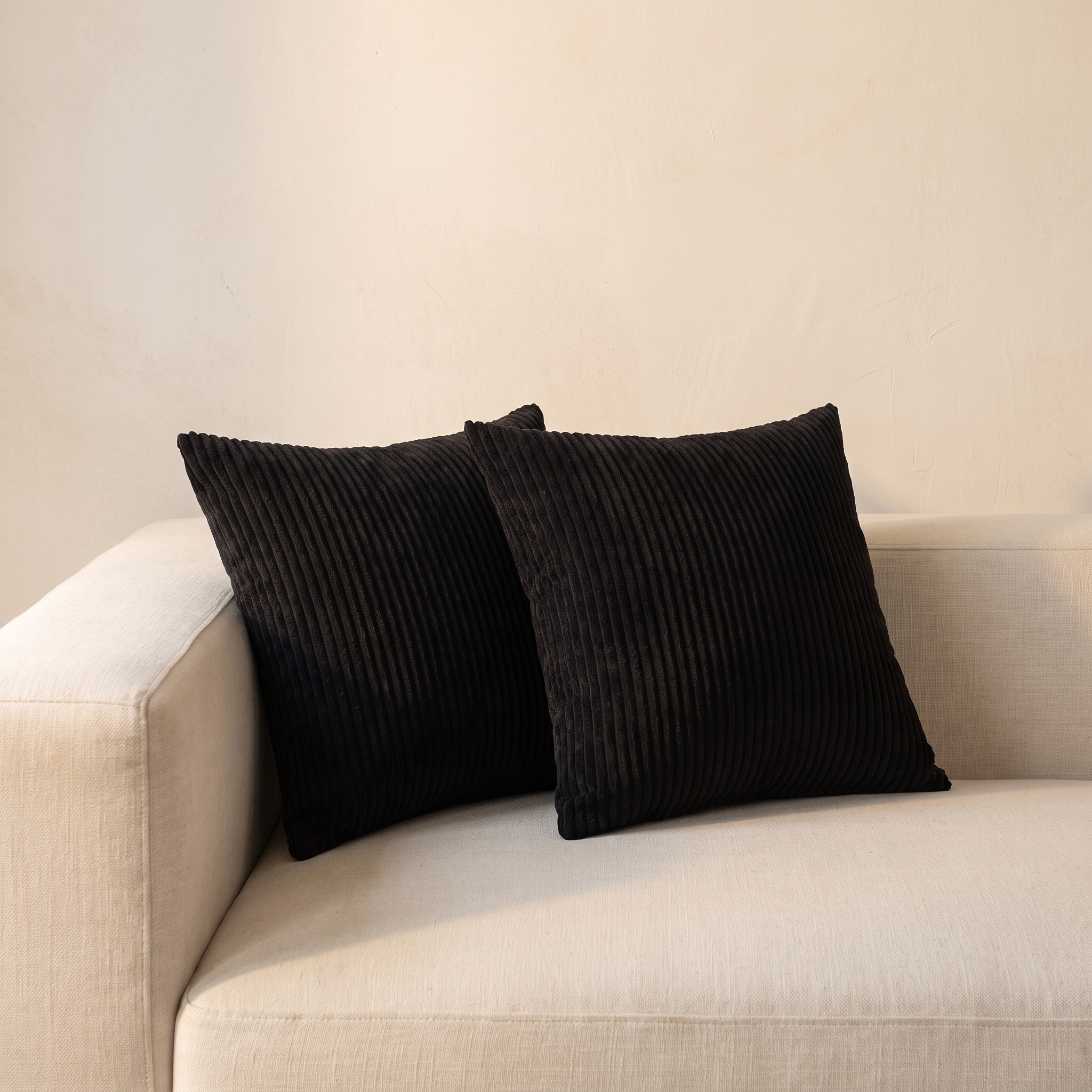 Pareja de cojines de pana negros en sofá beige