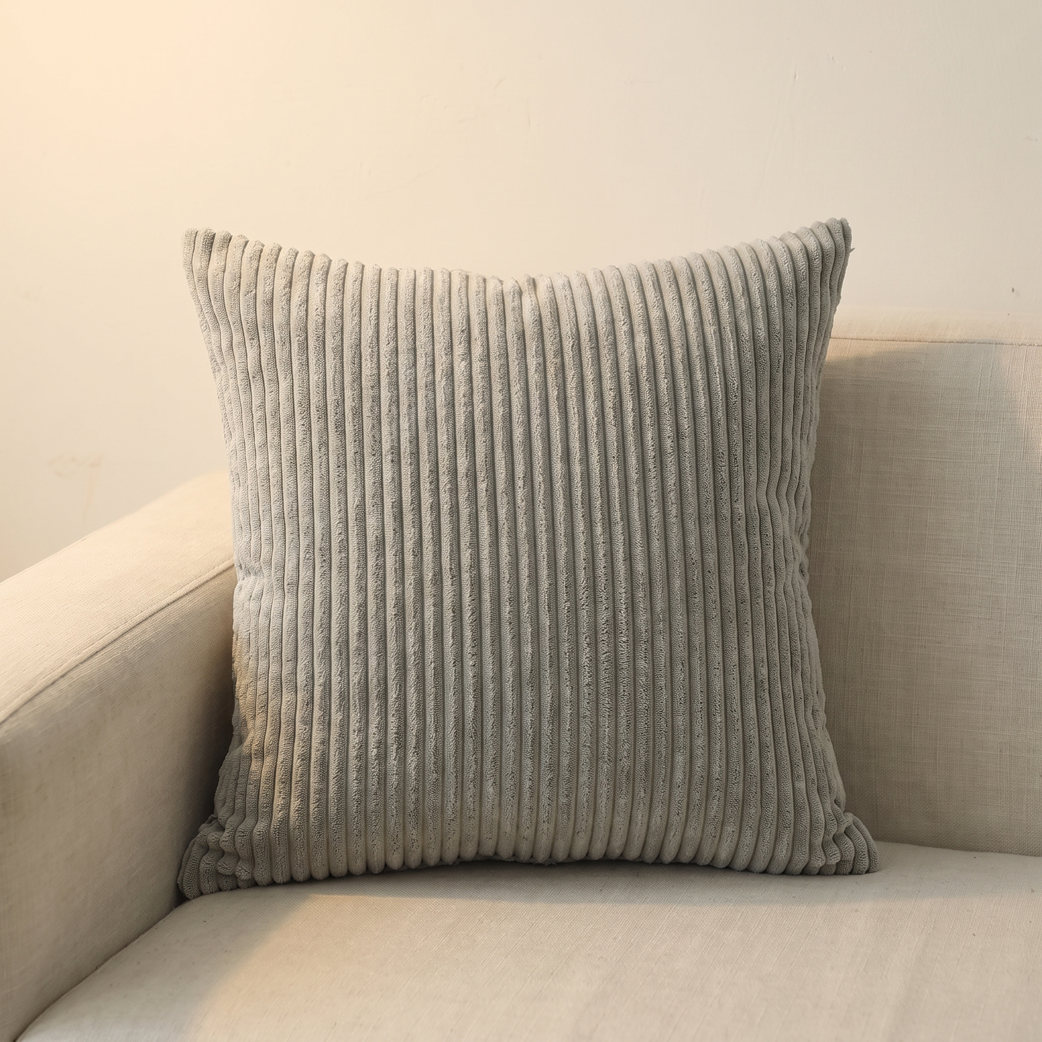 Funda de cojín de pana suave gris plata 45x45 en sofá de lino claro