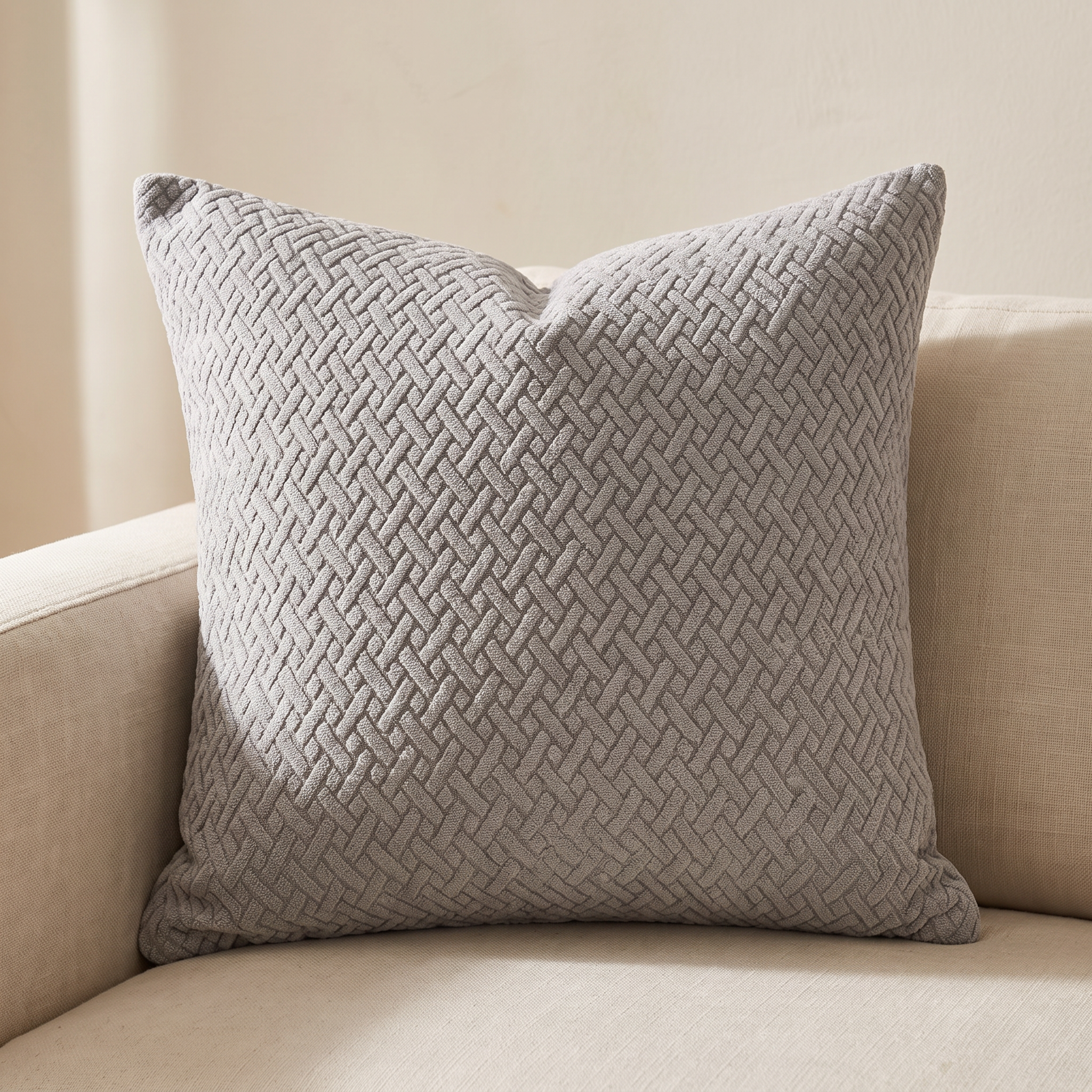 Funda de cojín jacquard gris 45x45 en sofá de lino claro