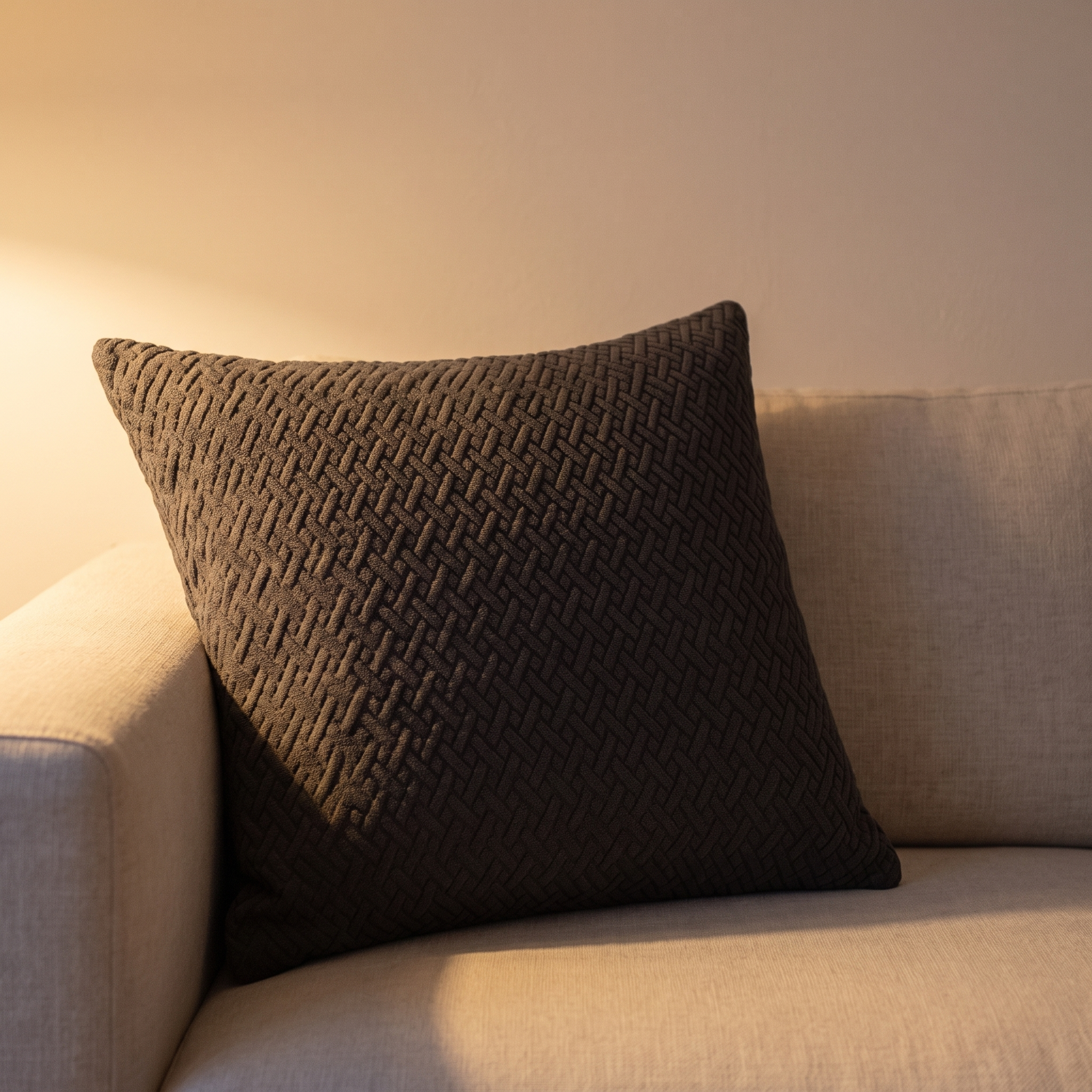 Cojín jacquard gris oscuro en ambiente de salón con luz cálida
