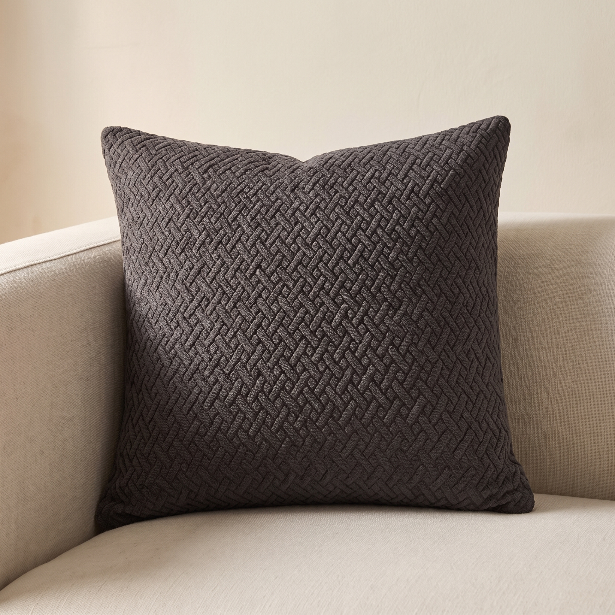 Funda de cojín jacquard gris oscuro 45x45 en sofá de lino claro