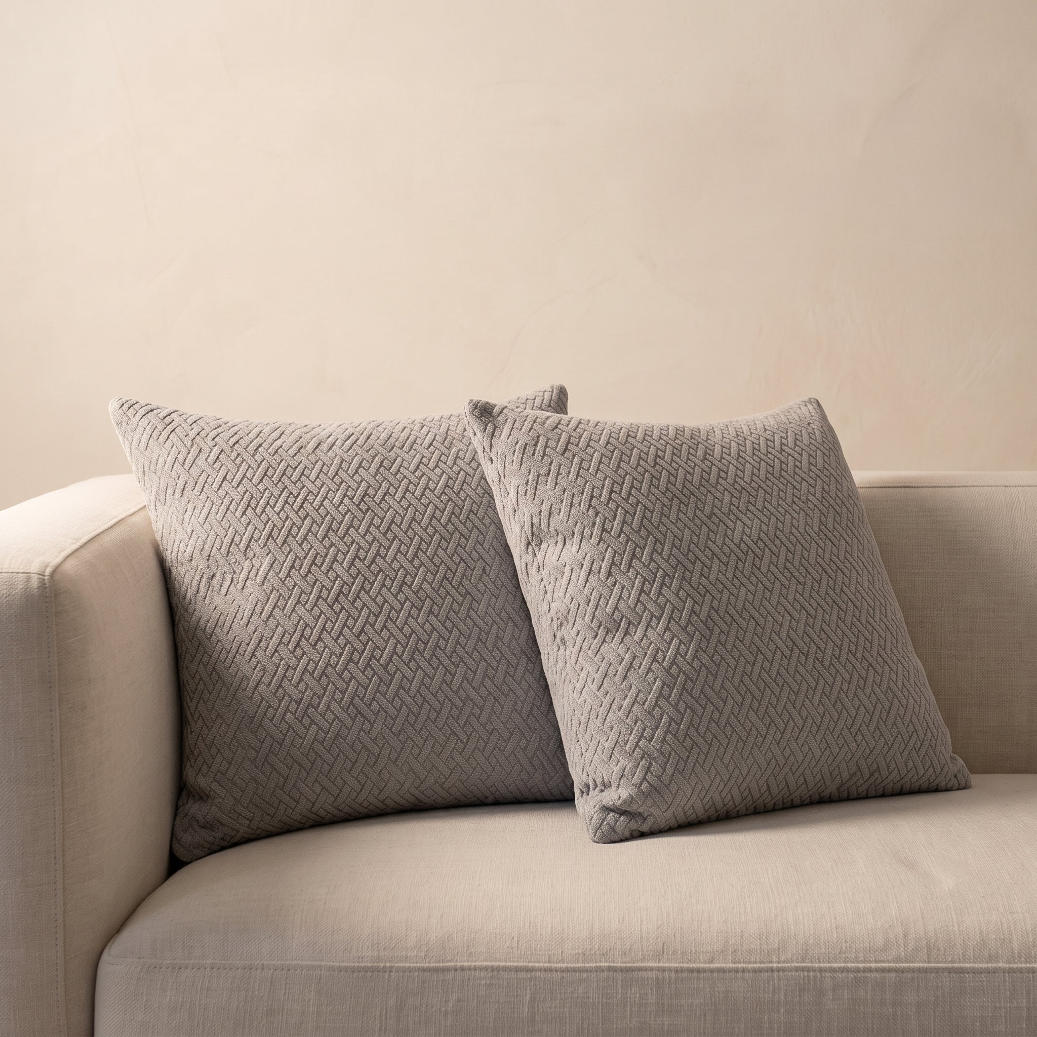 Pareja de cojines jacquard grises en sofá beige
