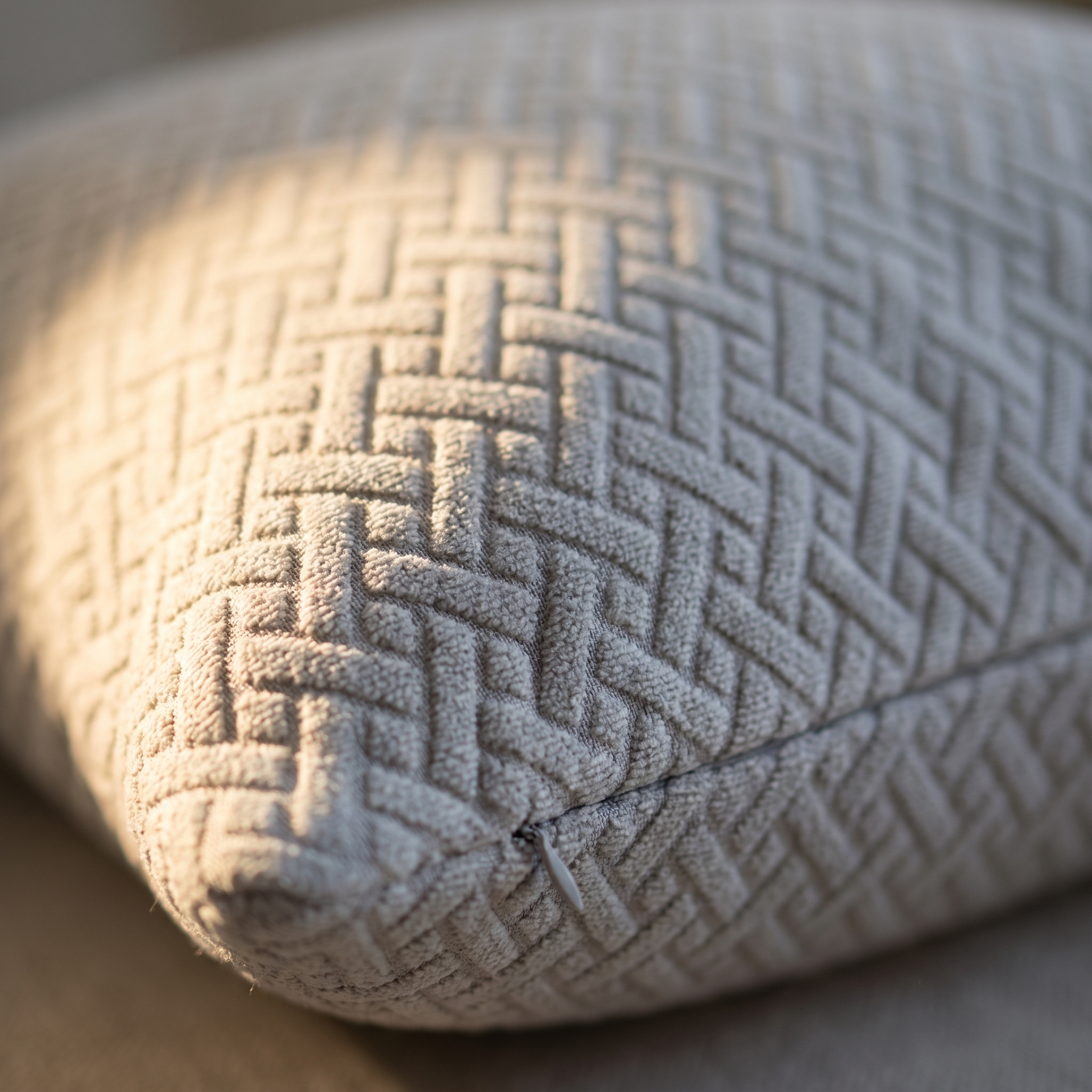 Detalle del relieve jacquard y cremallera oculta del cojín gris