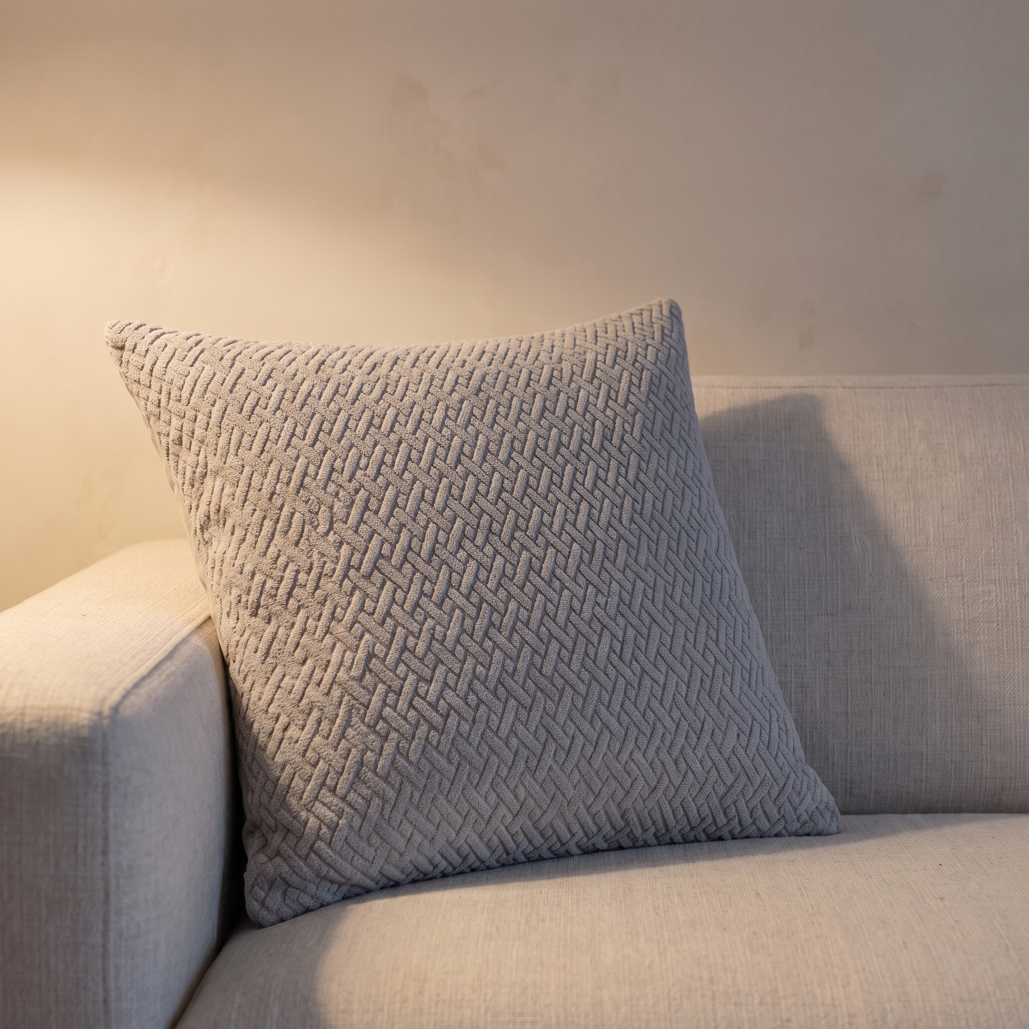 Cojín jacquard gris en ambiente de salón con luz cálida