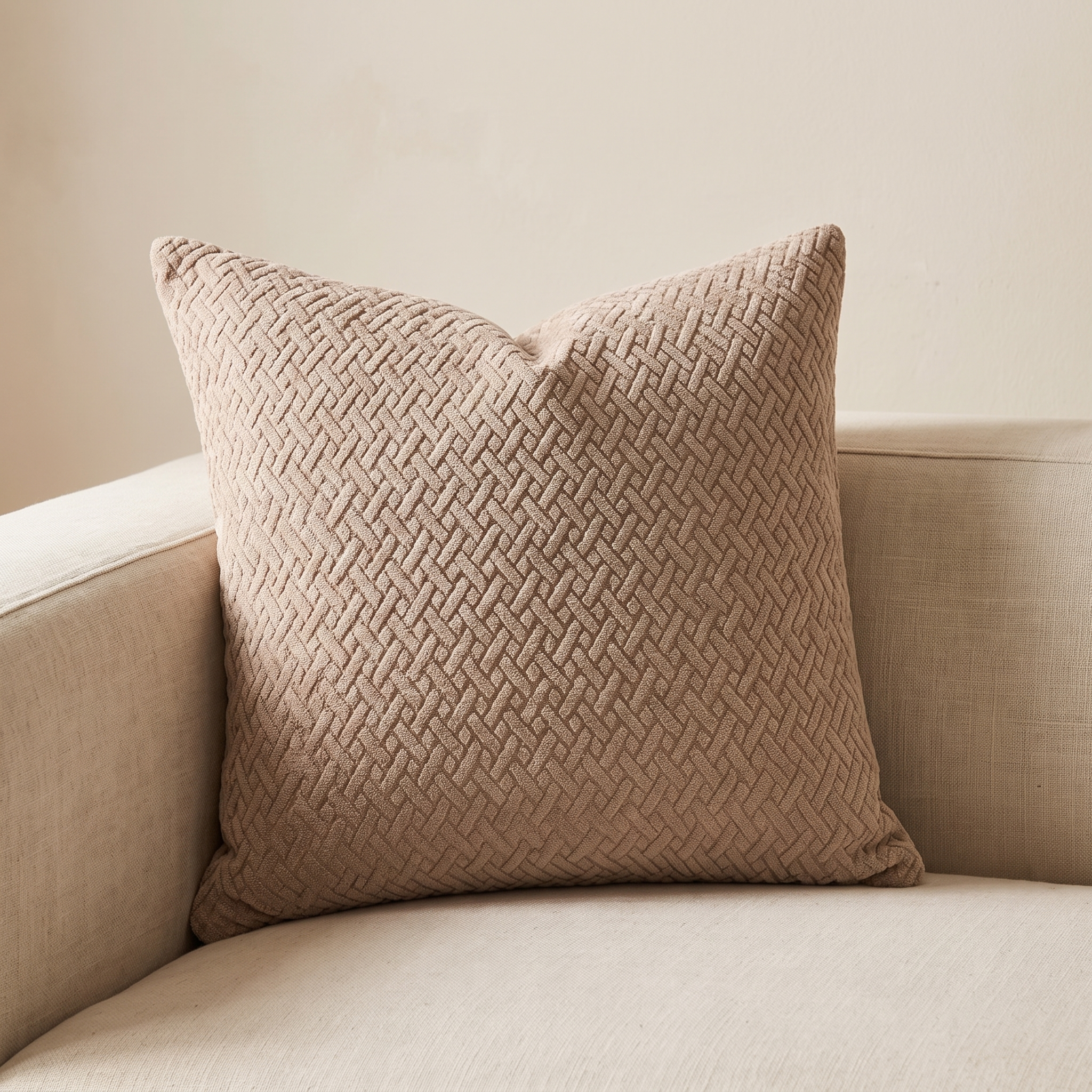 Funda de cojín jacquard beige 45x45 en sofá de lino claro