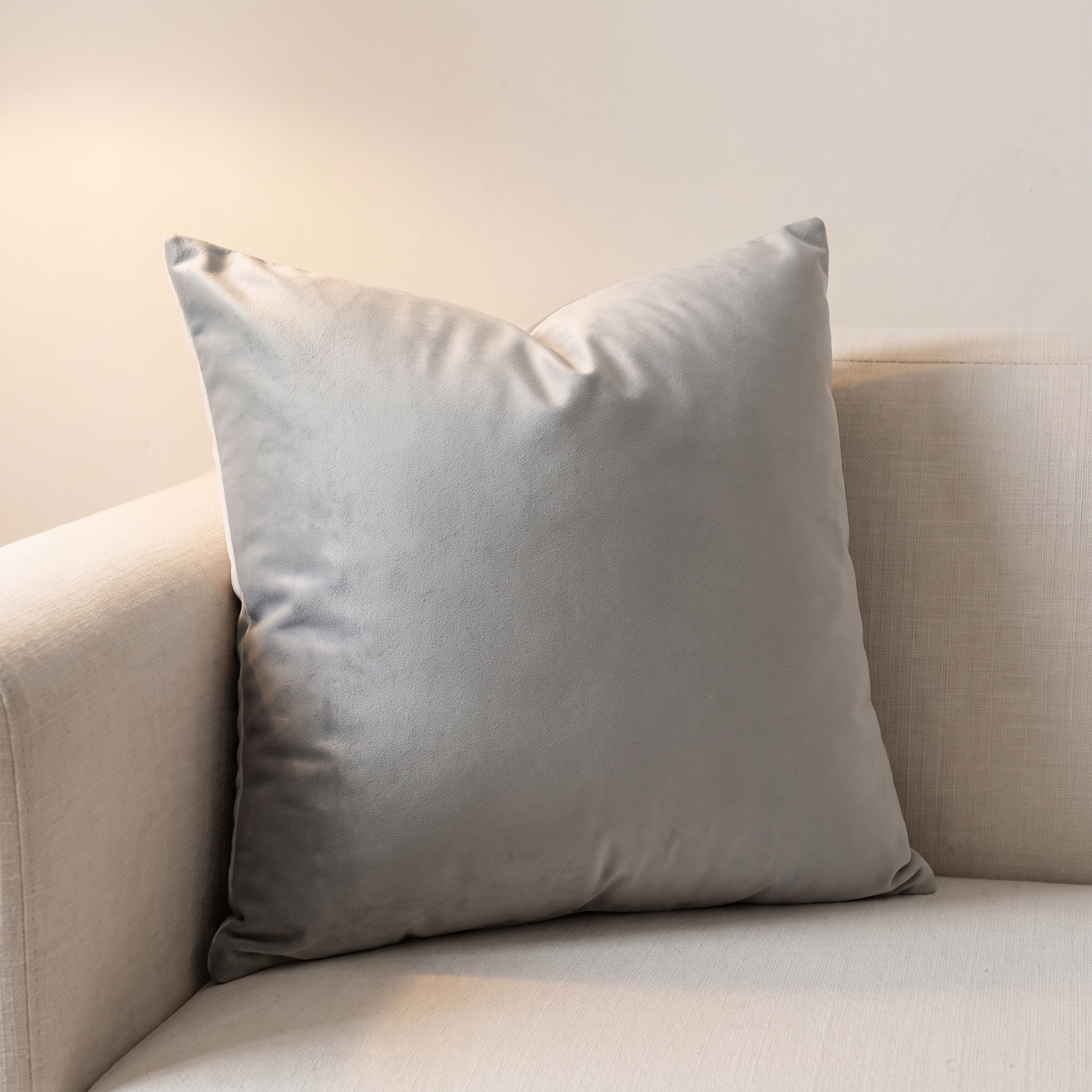 Funda de cojín de terciopelo gris claro 45x45 en sofá de lino