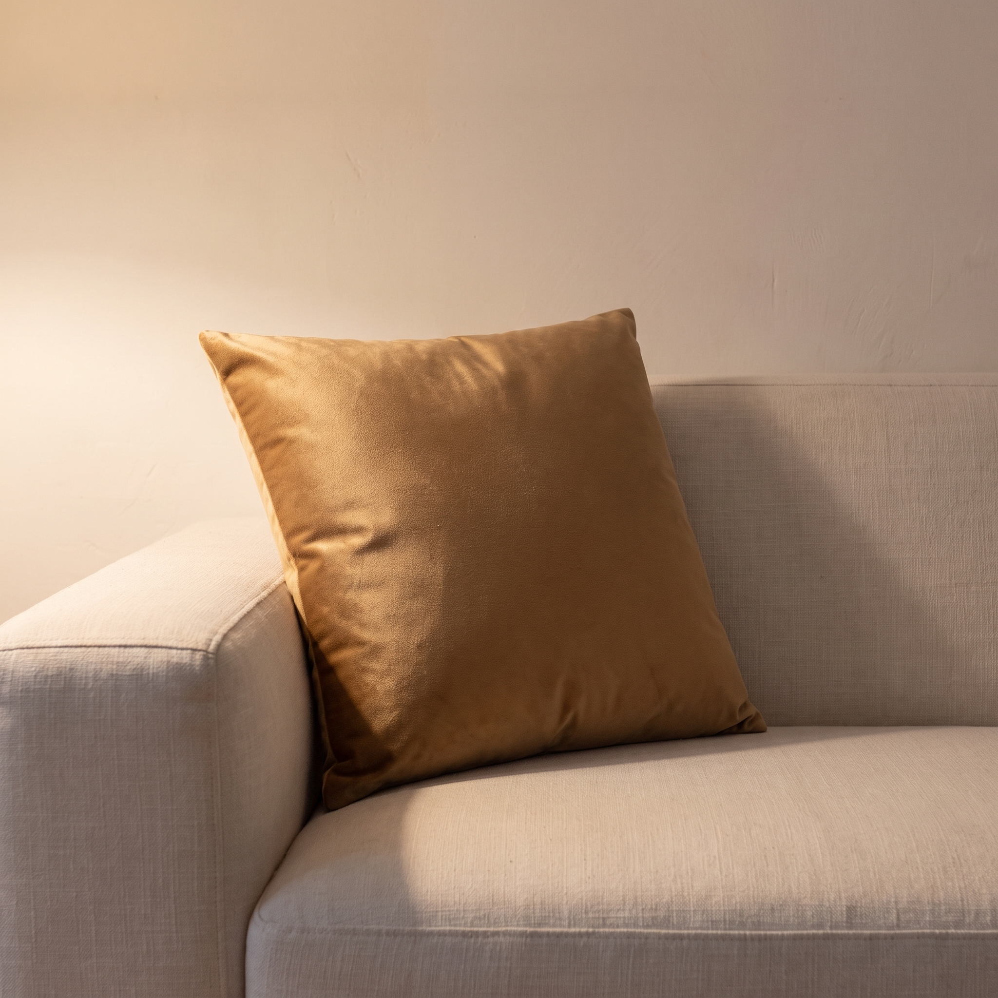 Cojín de terciopelo camel en ambiente de salón
