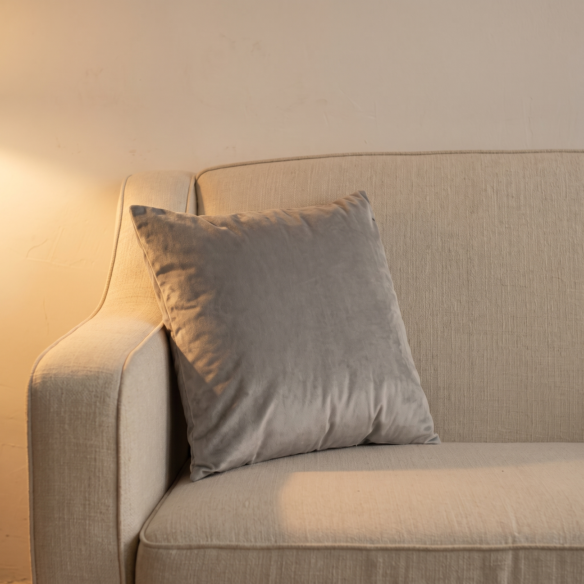 Cojín de terciopelo gris claro en ambiente de salón