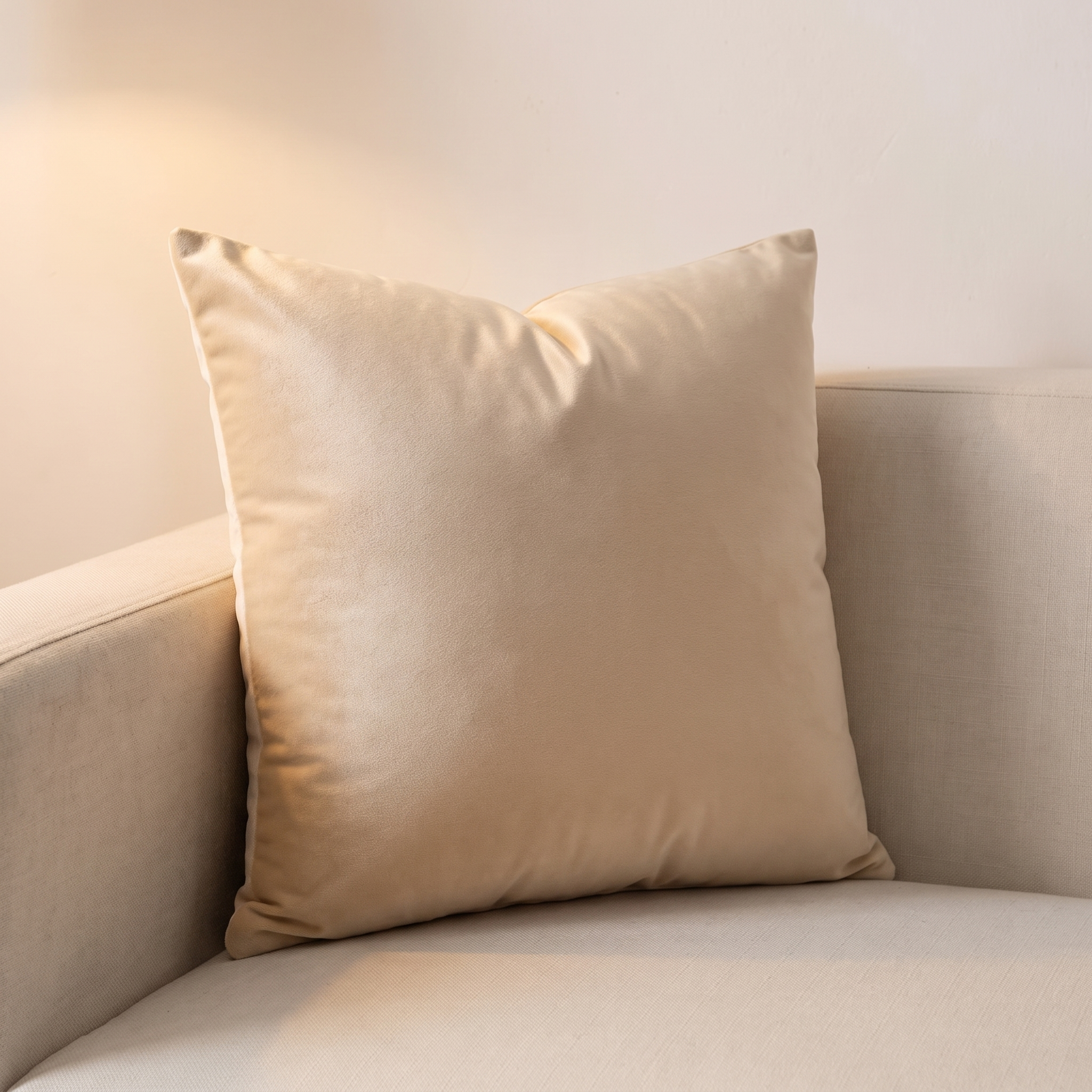 Funda de cojín de terciopelo beige 45x45 en sofá de lino