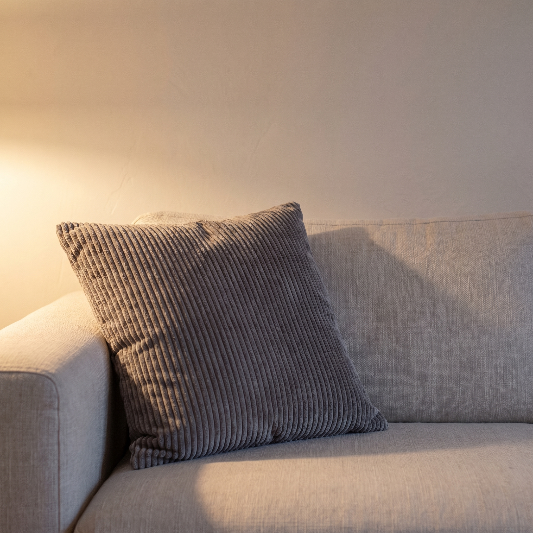Cojín de pana gris en ambiente de salón con luz cálida