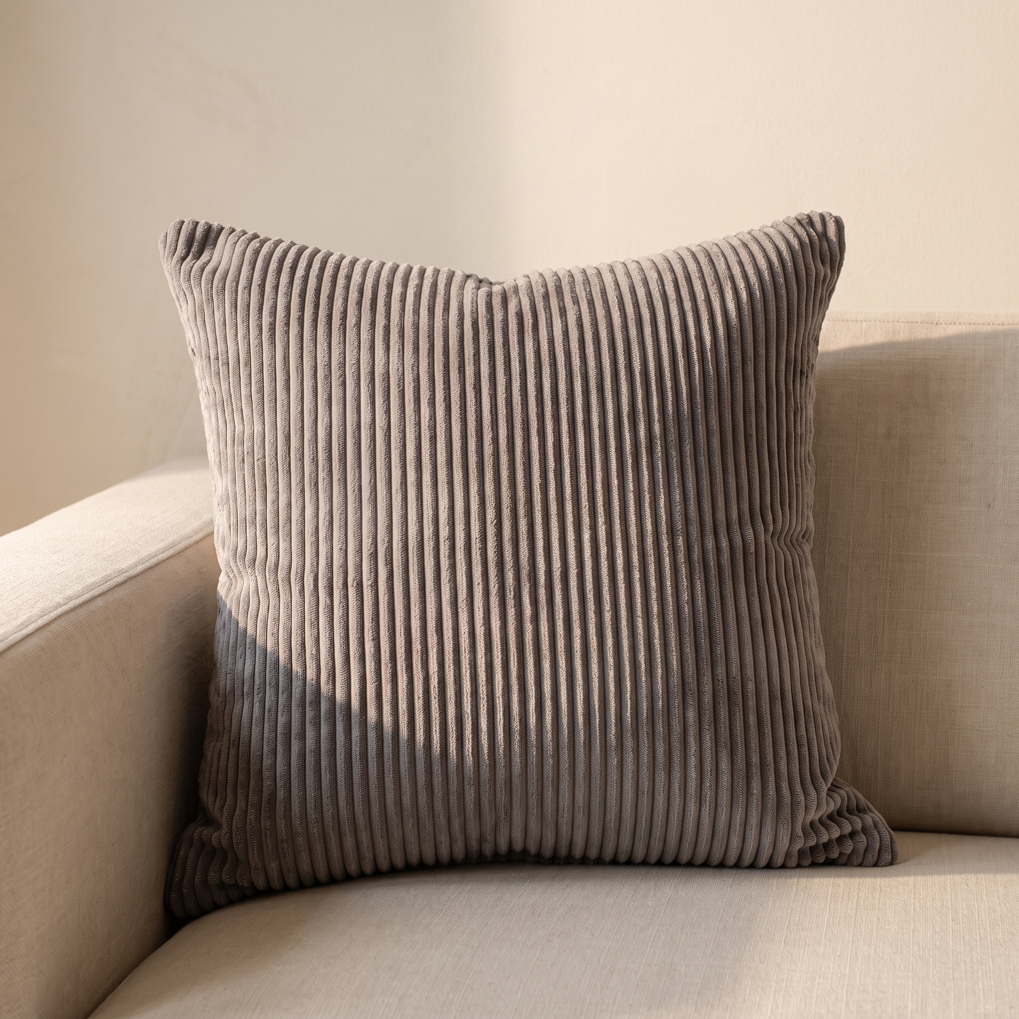 Funda de cojín de pana de algodón gris 45x45 en sofá de lino