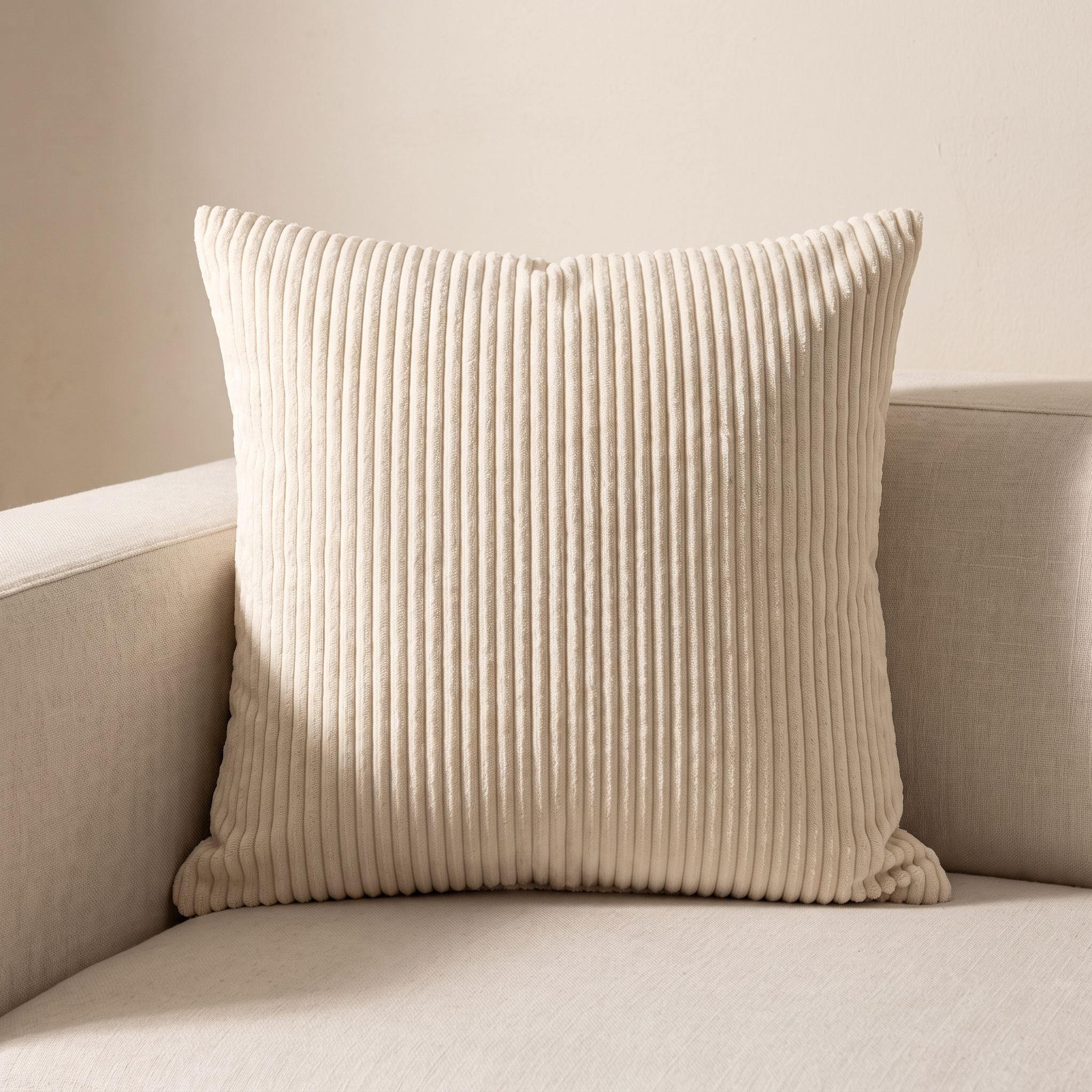Funda de cojín de pana de algodón beige claro 45x45 en sofá de lino