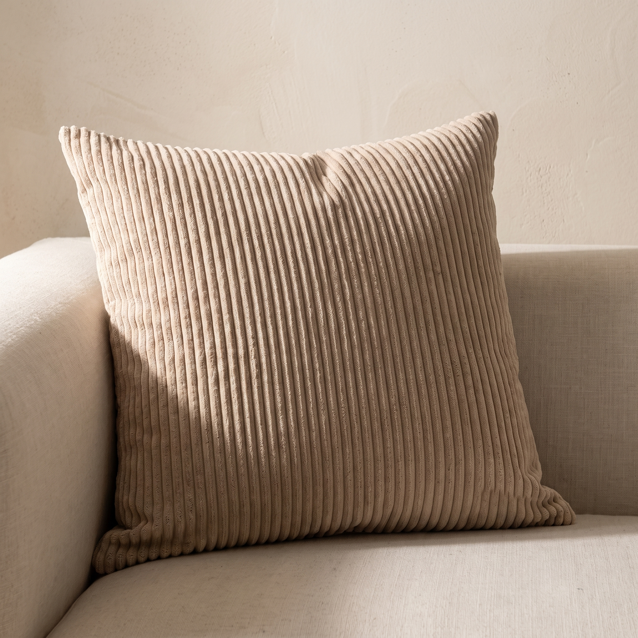 Funda de cojín de pana de algodón beige oscuro 45x45 en sofá de lino