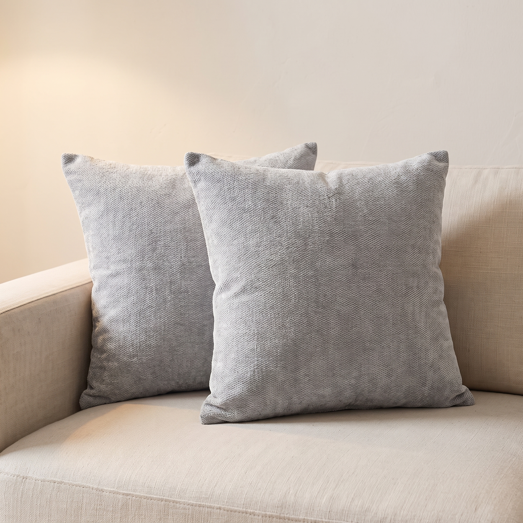 Pack de 2 fundas de cojín de chenilla gris perla 50x50 en sofá