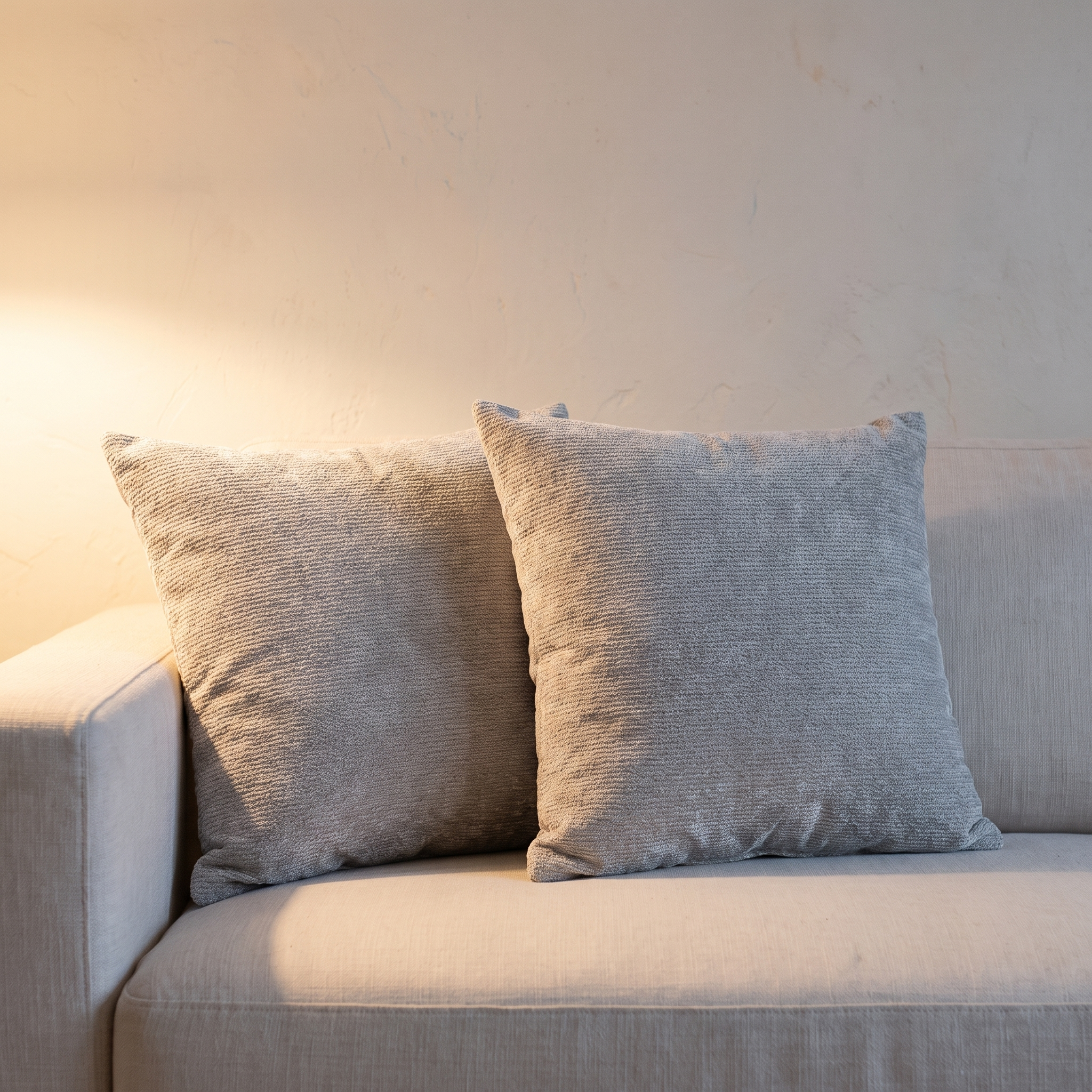 Cojines de chenilla gris perla en ambiente de salón