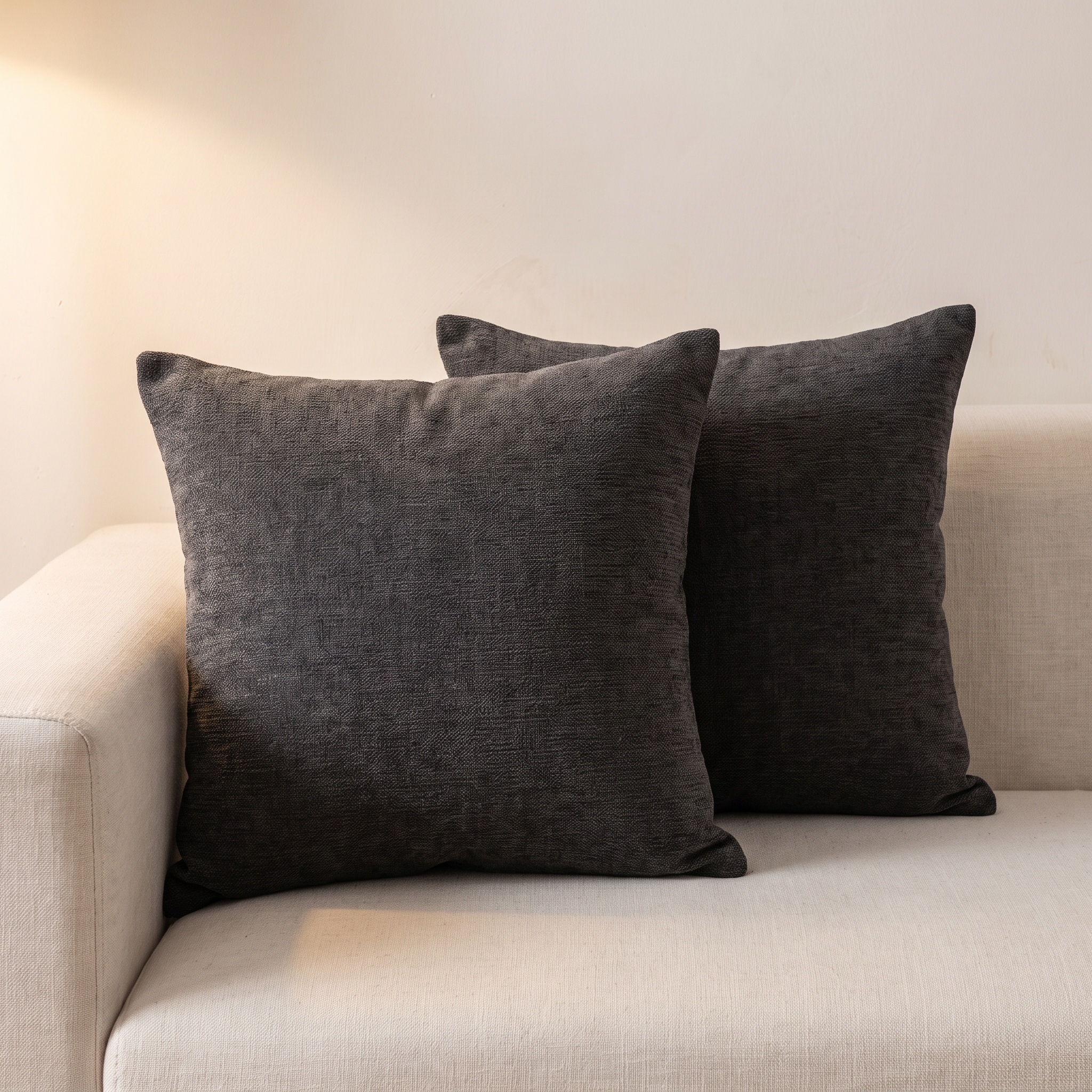 Pack de 2 fundas de cojín de chenilla gris oscuro 50x50 en sofá