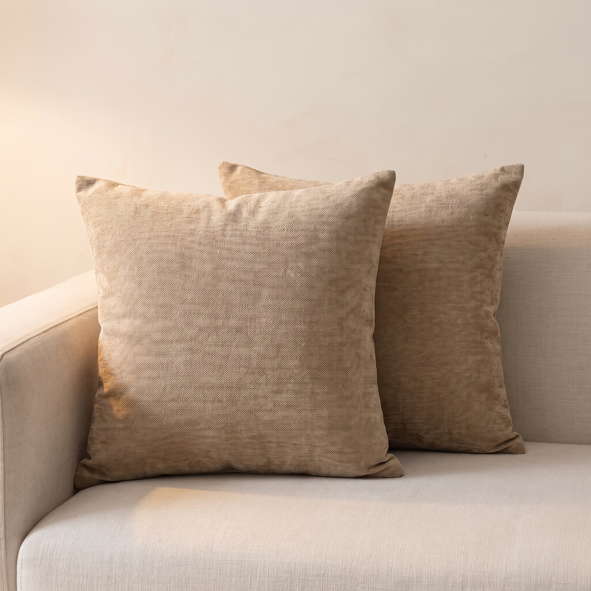 Pack de 2 fundas de cojín de chenilla beige 50x50 en sofá