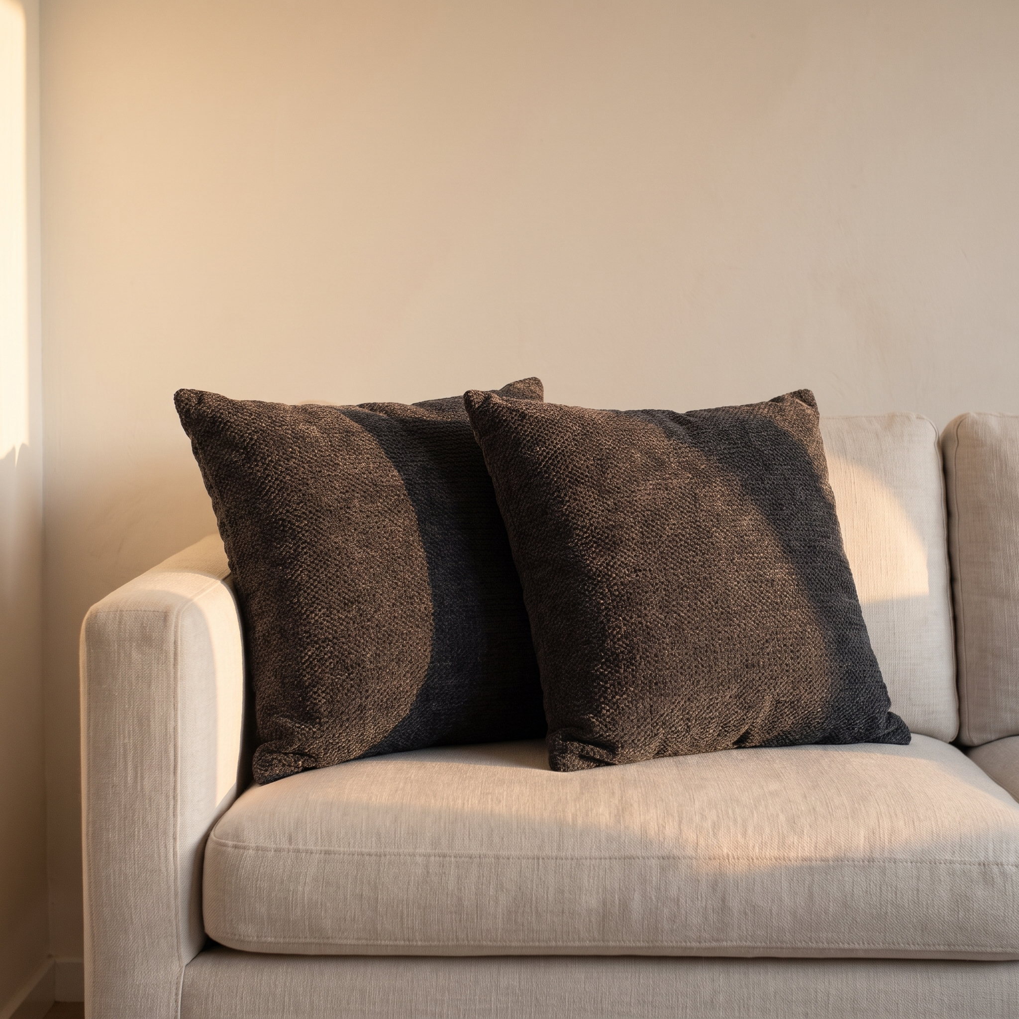 Cojines de chenilla gris oscuro en ambiente de salón