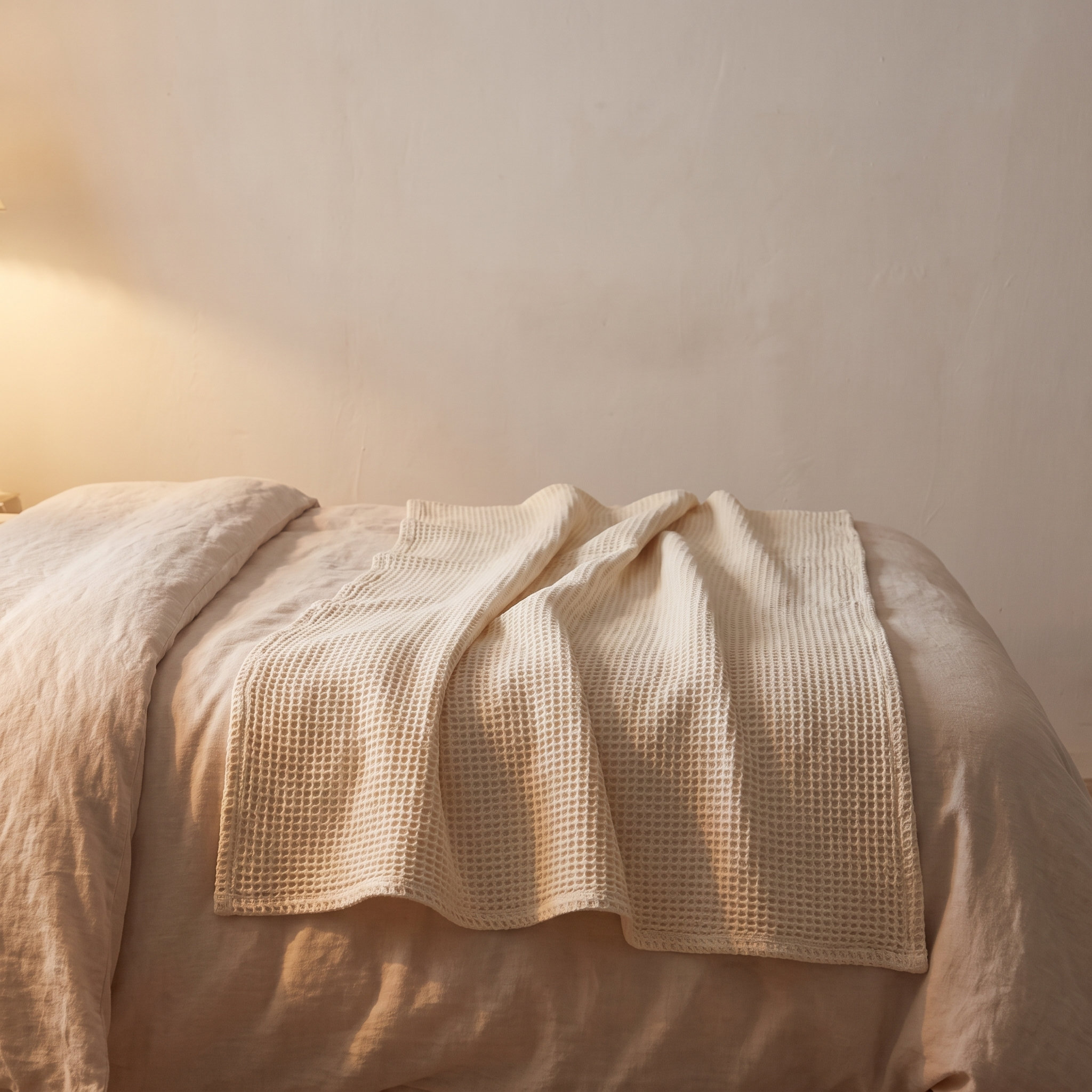 Colcha de gofre blanco roto a los pies de la cama