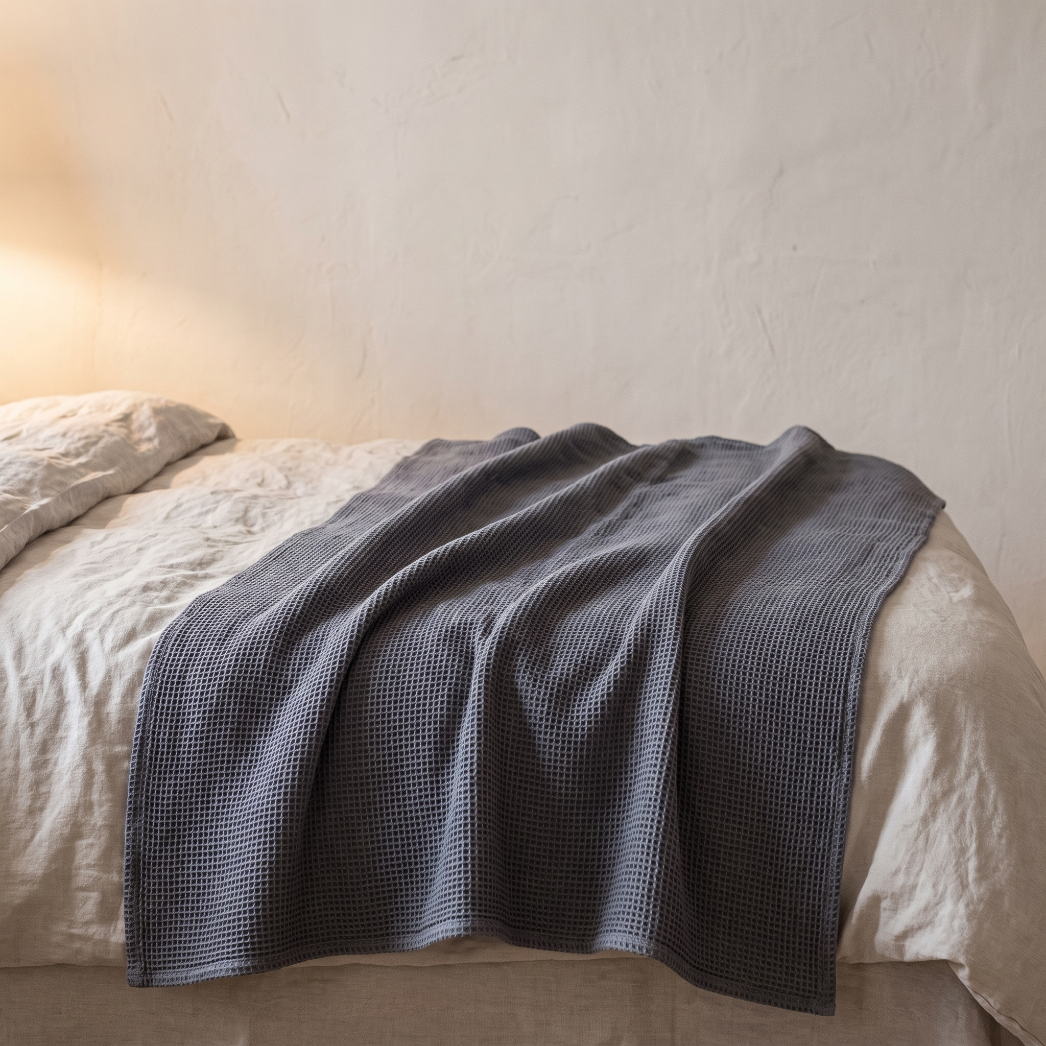 Colcha de gofre gris oscuro a los pies de la cama