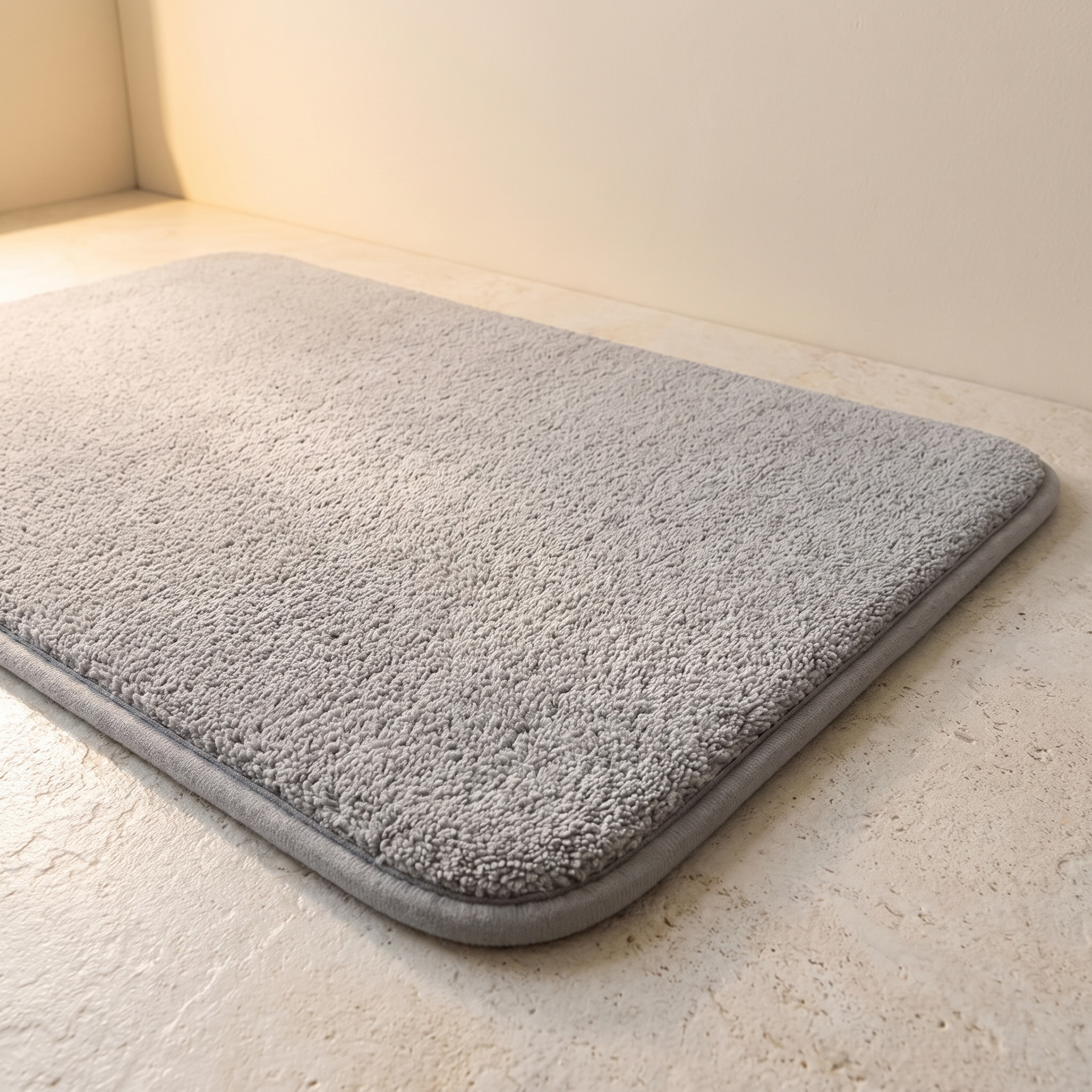 Alfombra de baño gris claro 50x80 de pelo largo en suelo de piedra