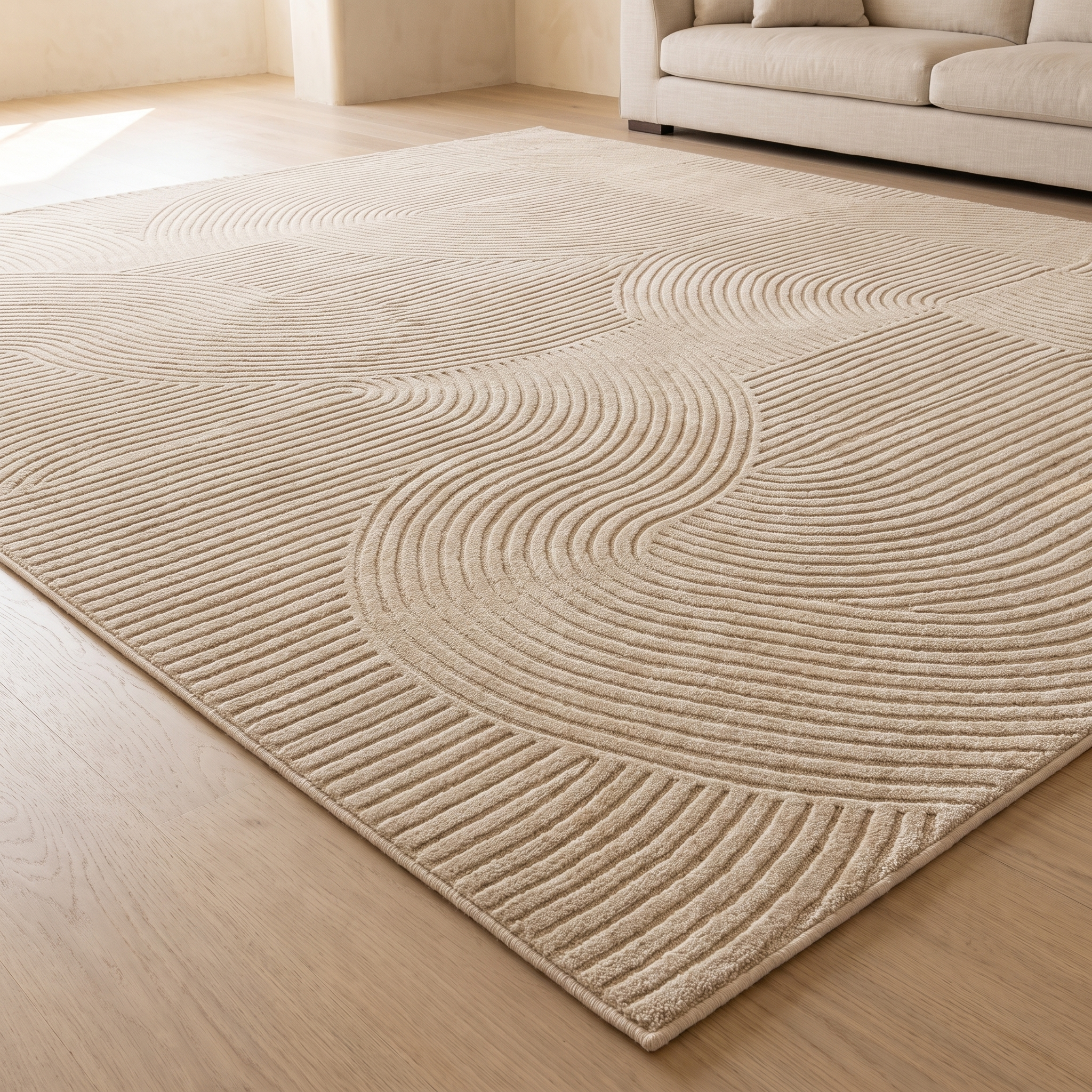 Alfombra beige 160x230 con relieve de líneas curvas en suelo de roble
