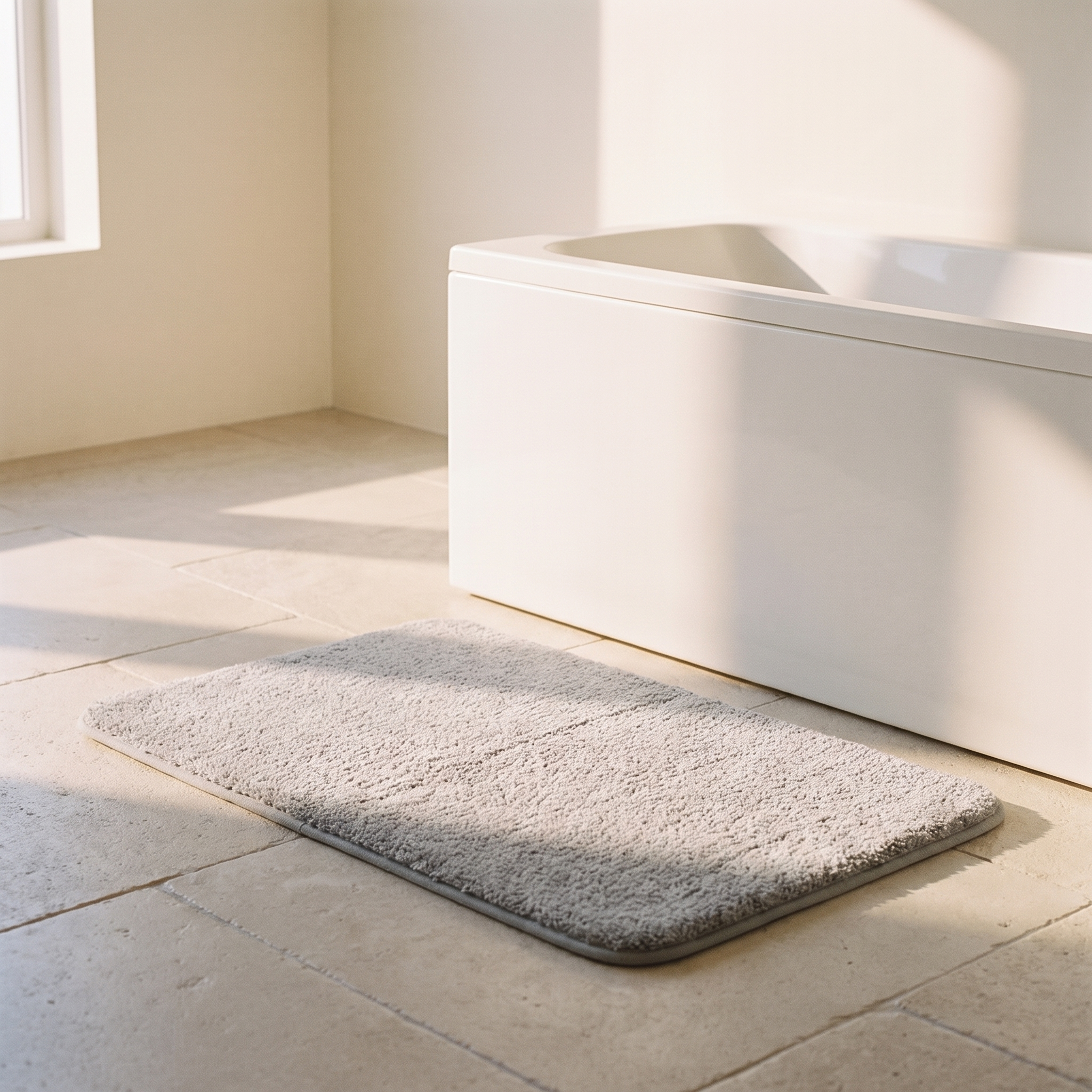 Alfombrilla de baño gris claro junto a la bañera