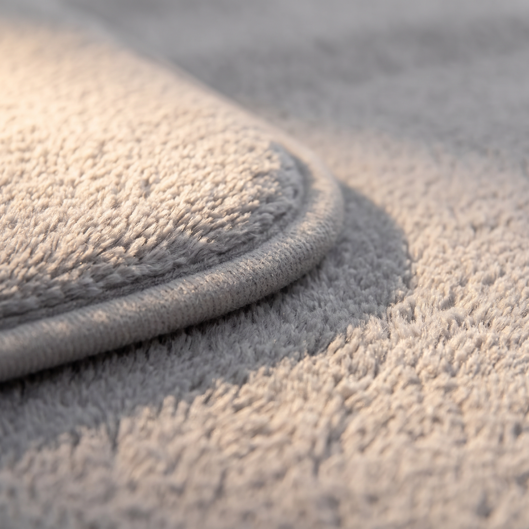 Detalle del pelo denso y el borde de la alfombra de baño gris claro