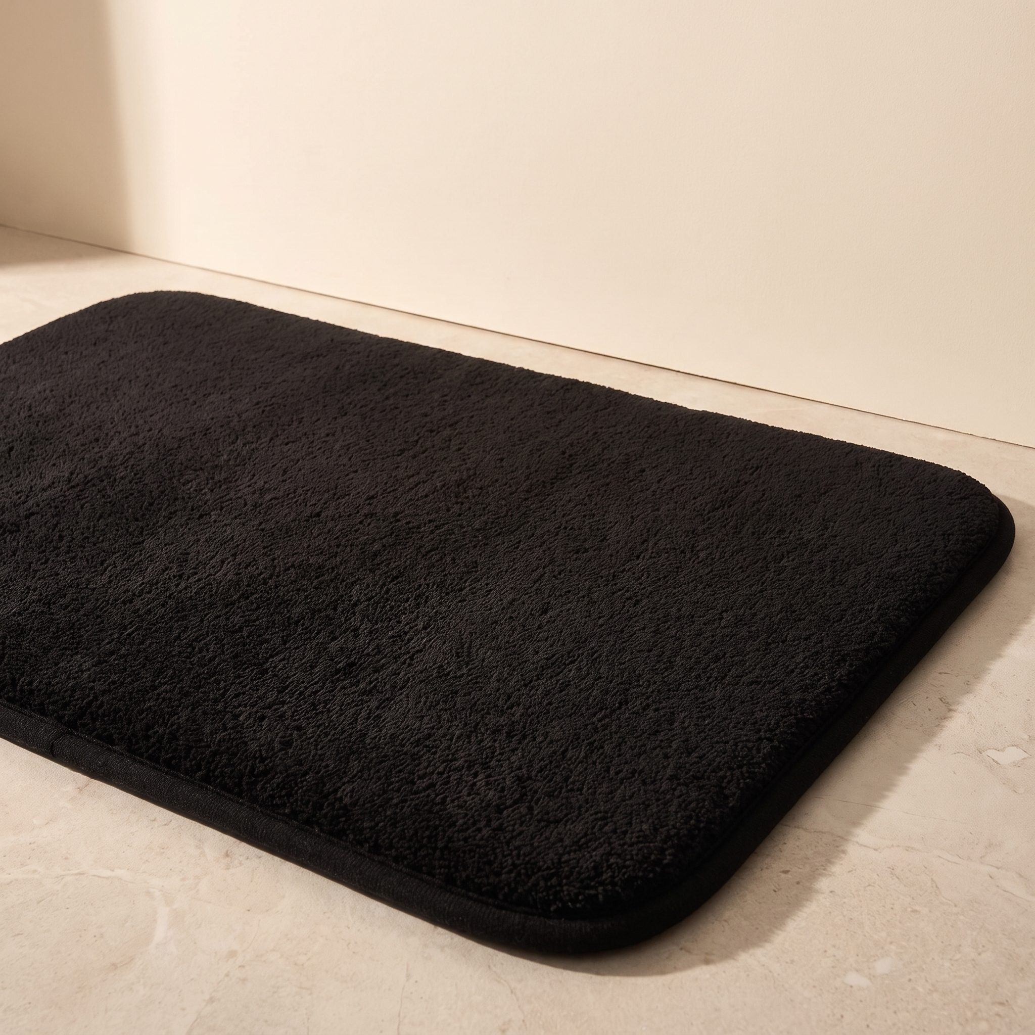 Alfombra de baño negra 50x80 de pelo largo en suelo de piedra