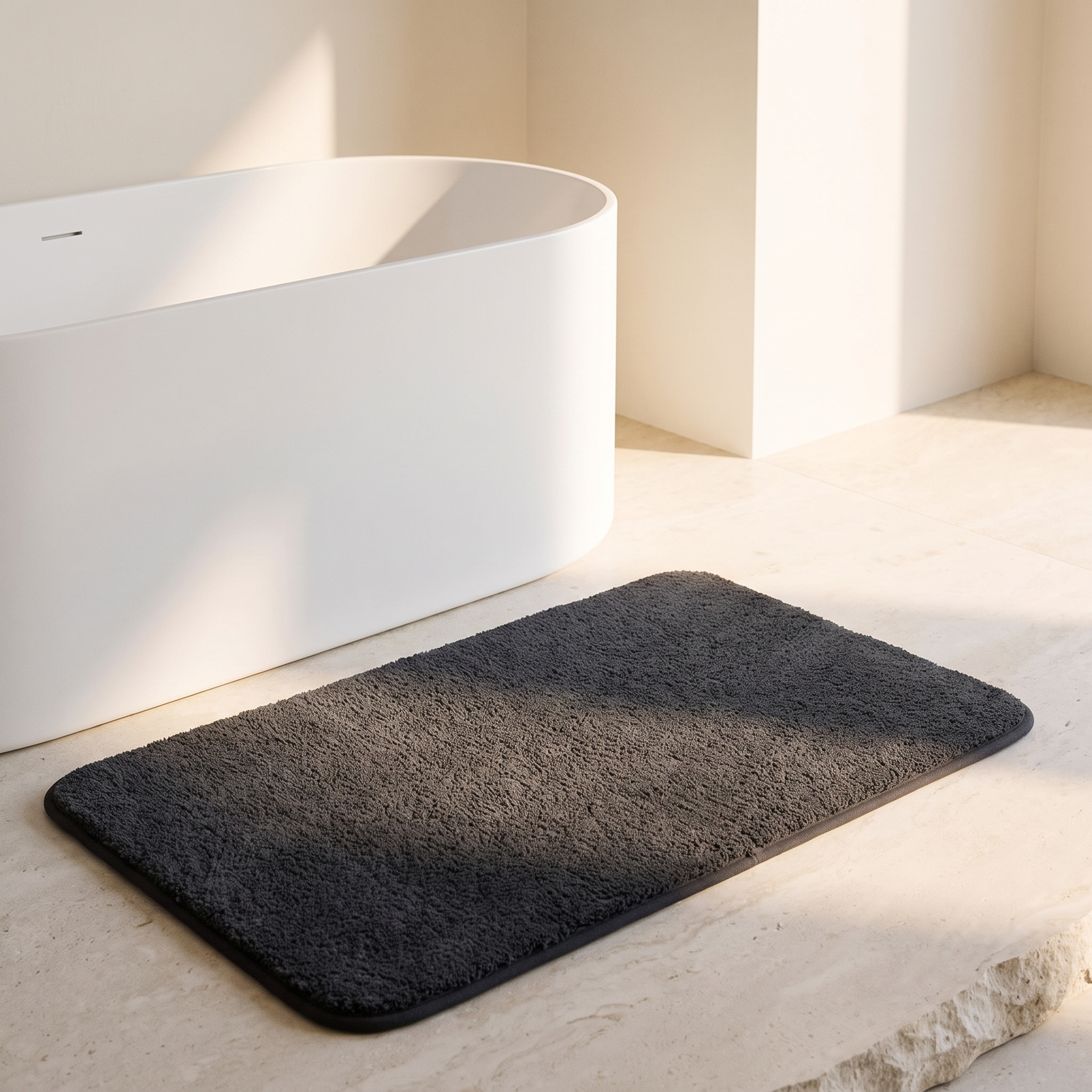 Alfombrilla de baño gris oscuro junto a la bañera