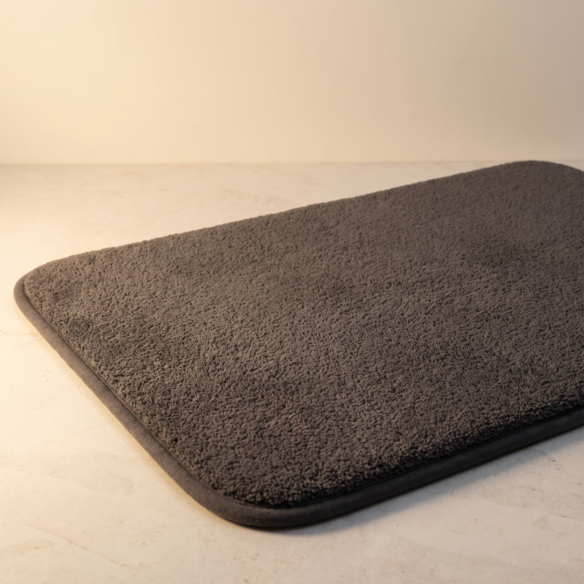 Alfombra de baño gris oscuro 50x80 de pelo largo en suelo de piedra