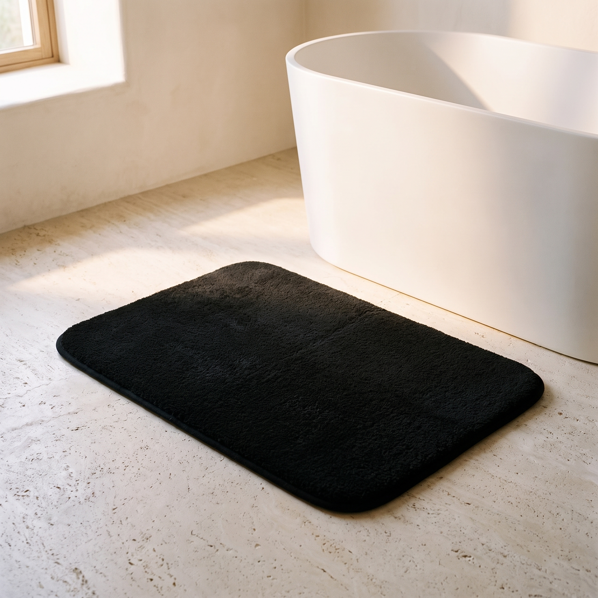 Alfombrilla de baño negra junto a la bañera