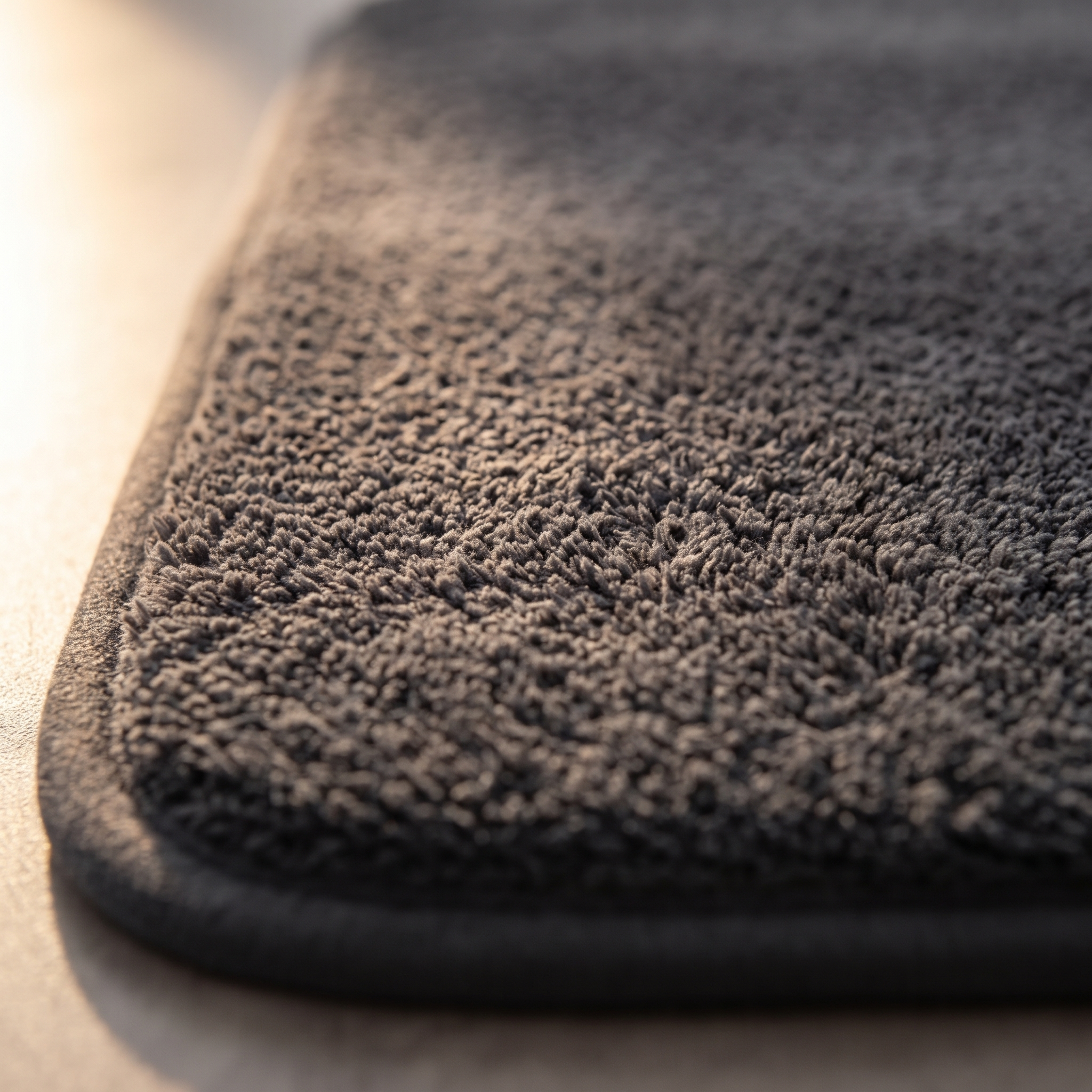 Detalle del pelo denso y el borde de la alfombra de baño gris oscuro