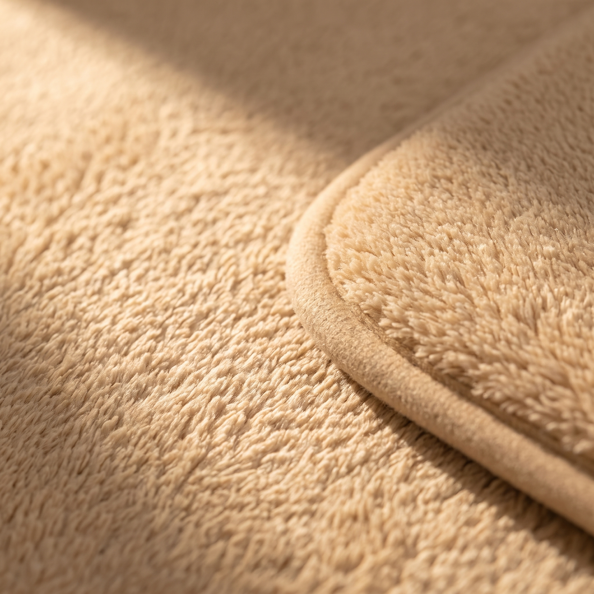 Detalle del pelo denso y el borde de la alfombra de baño albaricoque