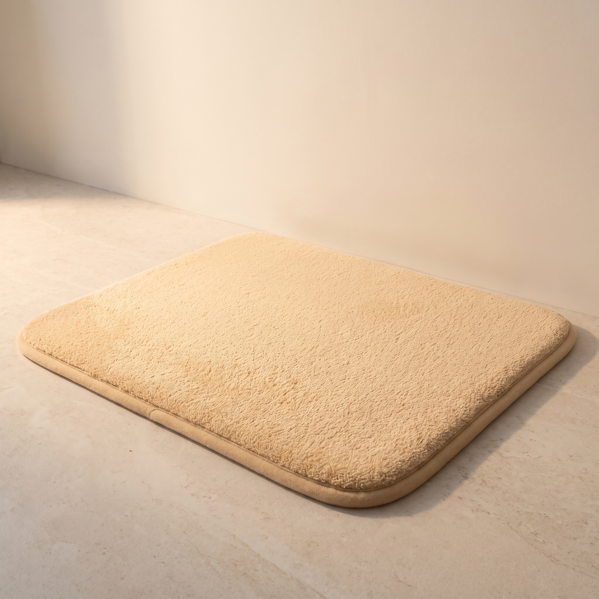 Alfombra de baño albaricoque 50x80 de pelo largo en suelo de piedra