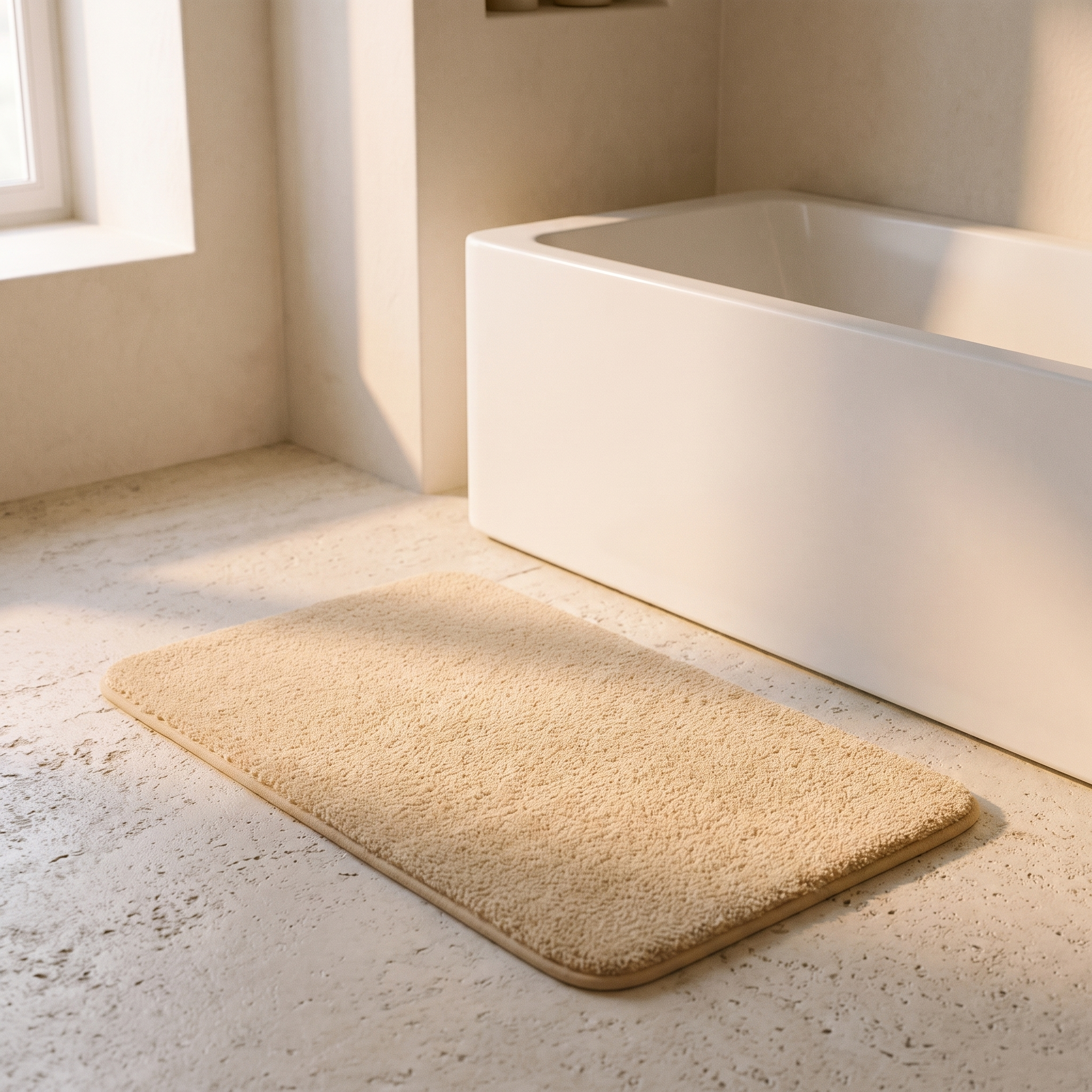 Alfombrilla de baño albaricoque junto a la bañera