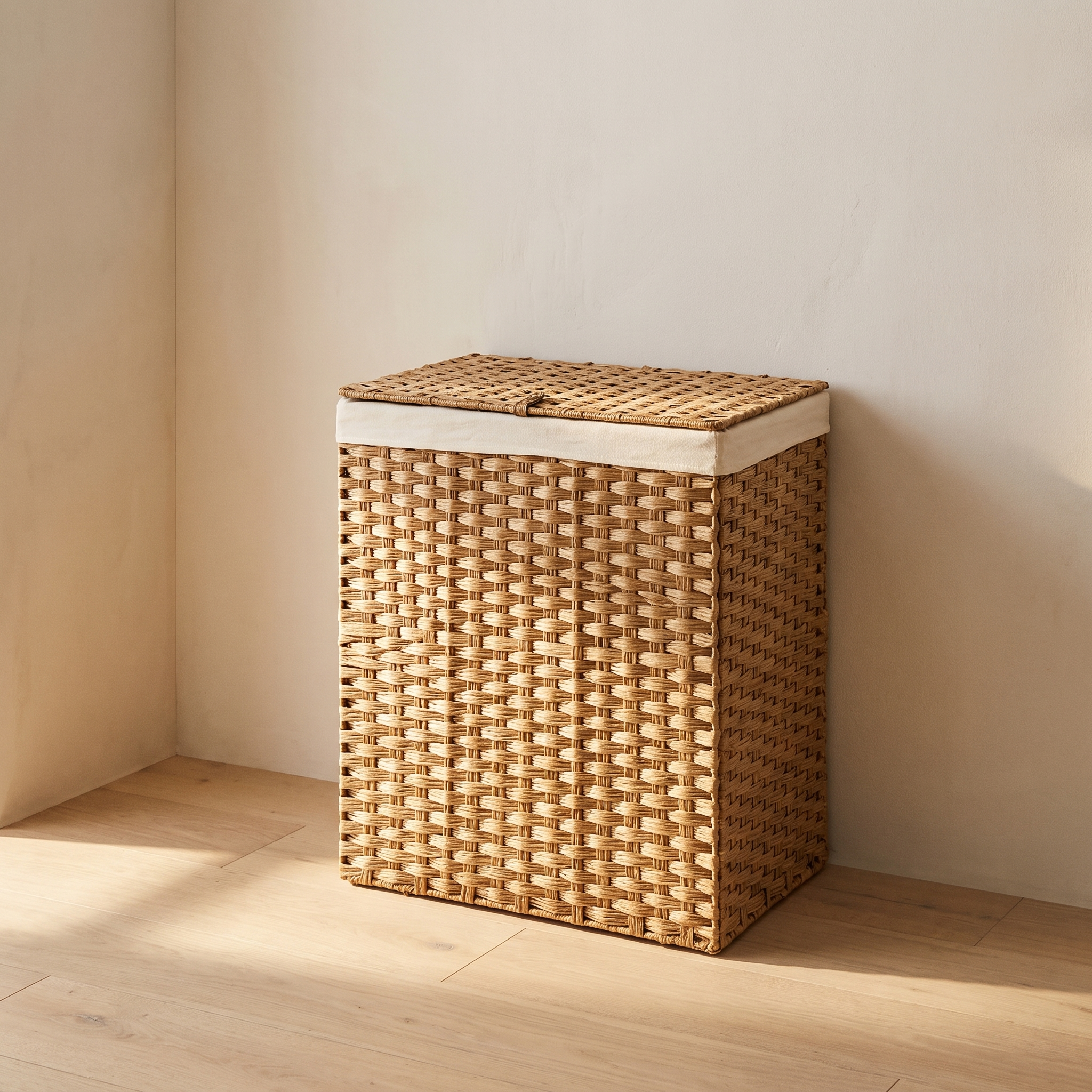 Cesta de almacenaje natural en el rincón de un dormitorio