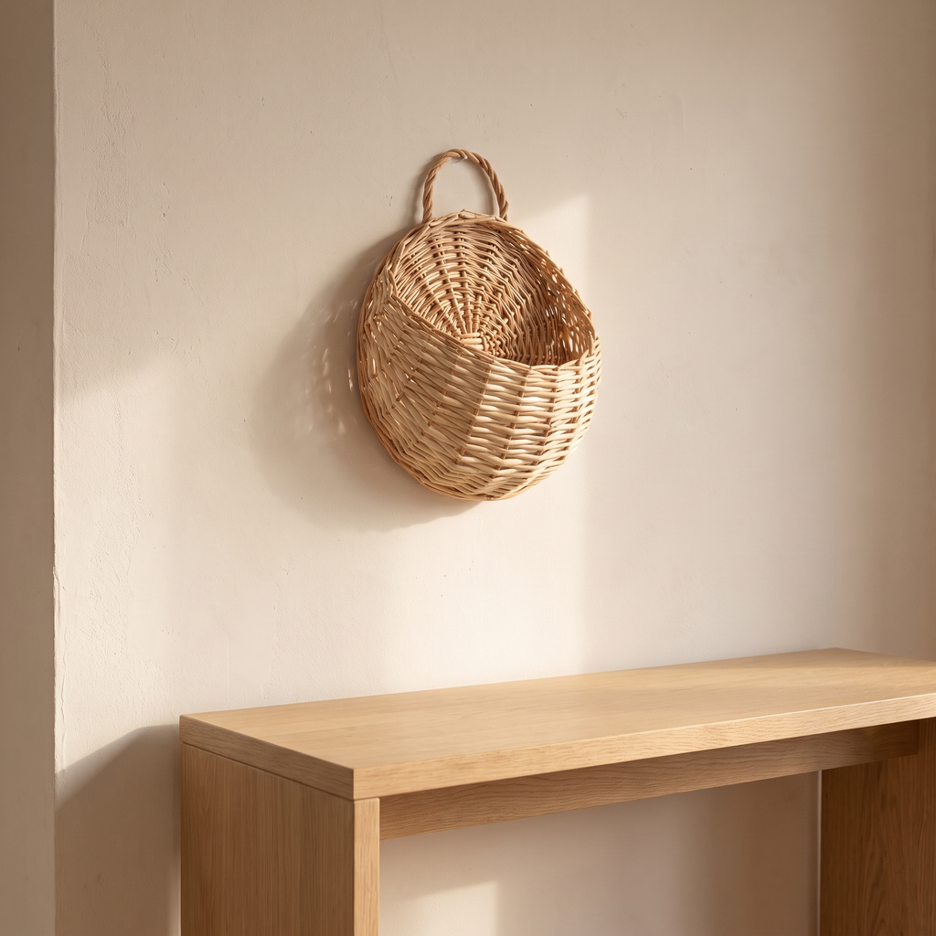 Cesta de pared crudo sobre una consola de roble