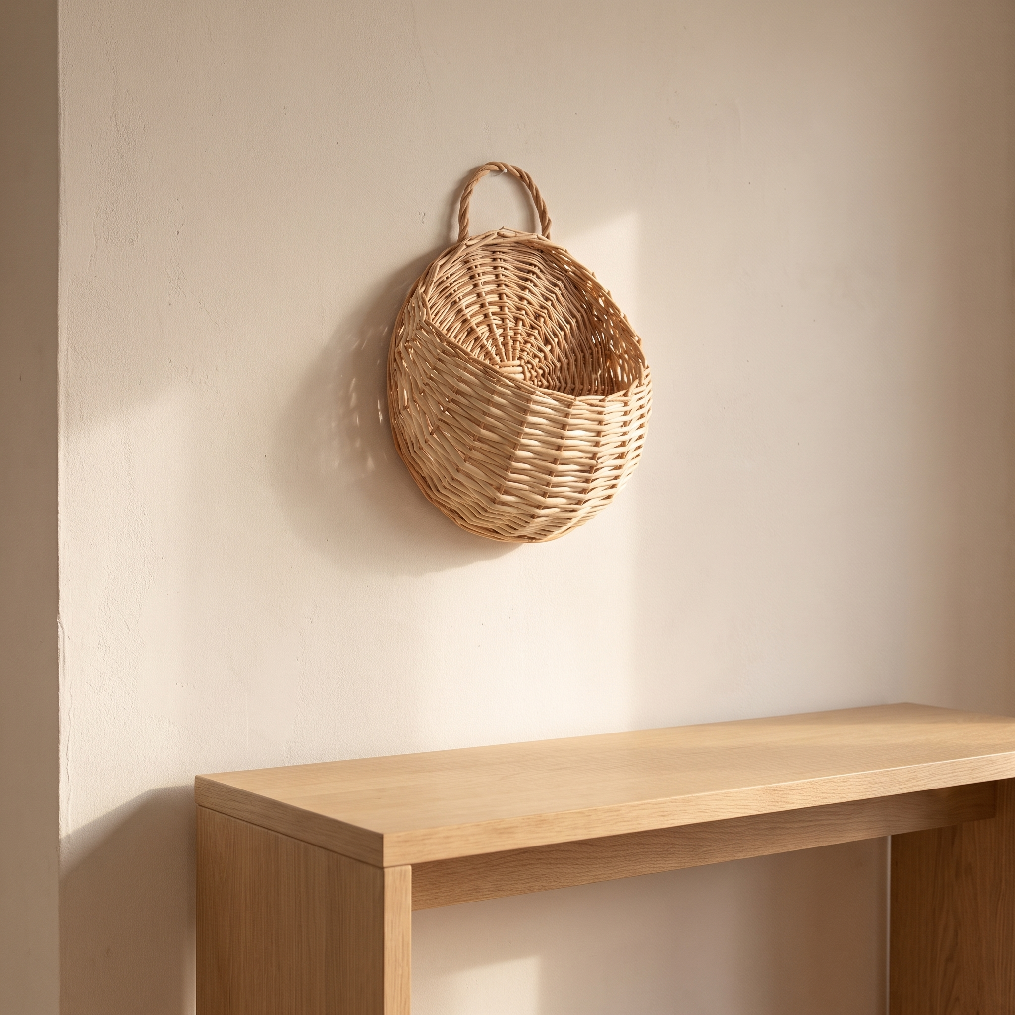 Cesta de pared crudo sobre una consola de roble