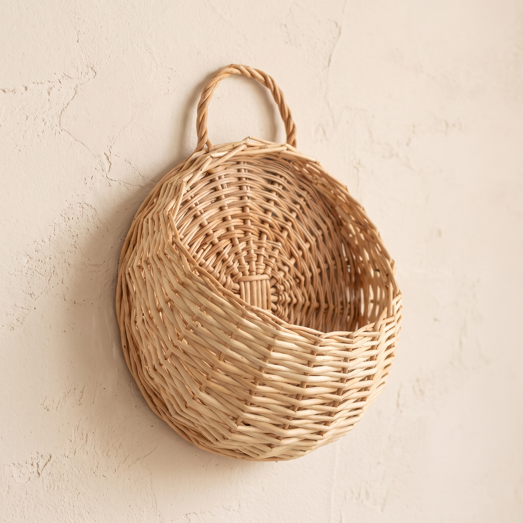 Cesta de pared crudo vista en tres cuartos con su asa